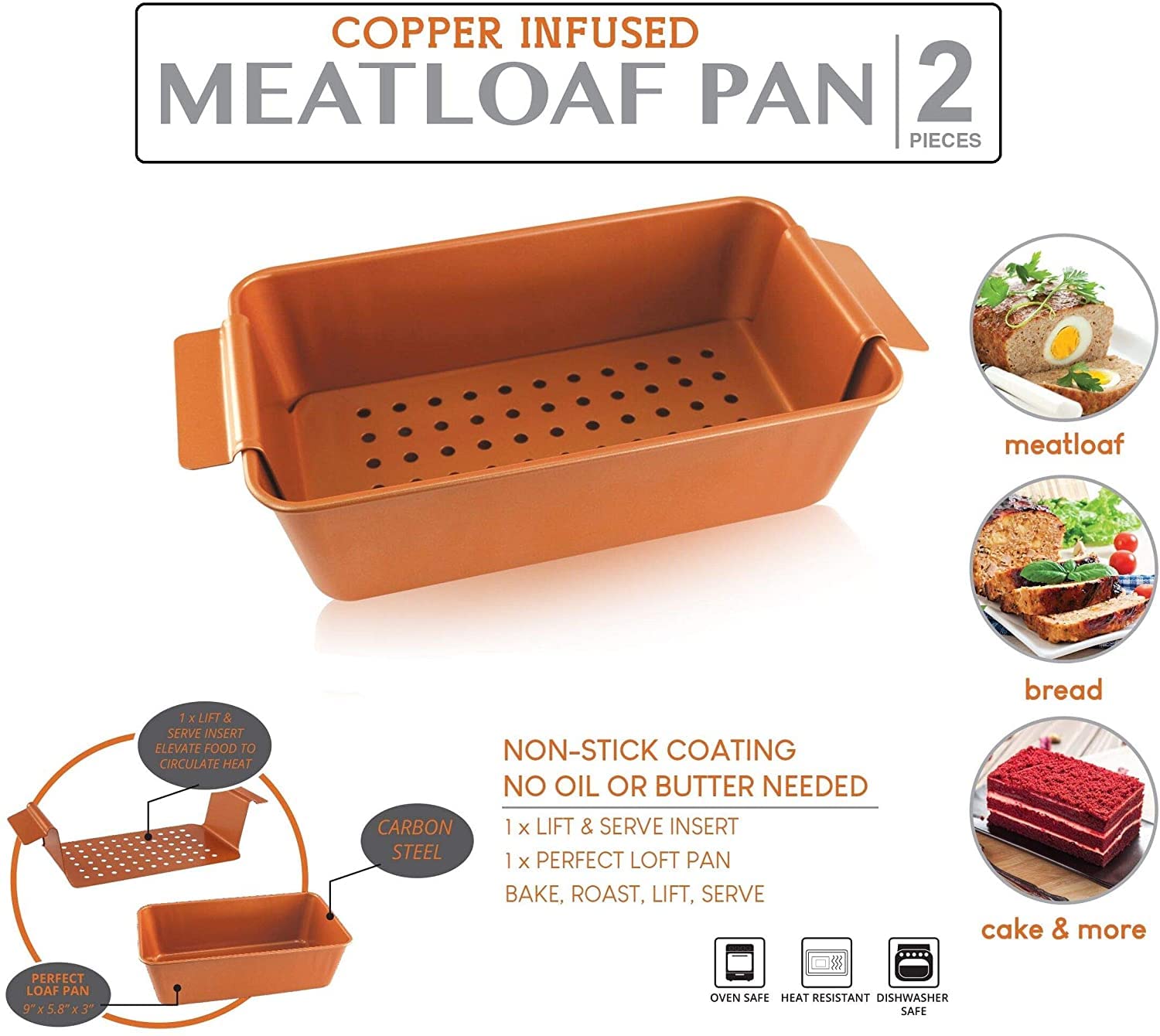 Ihanini Non-Stick Meatloaf Pan 2-Piece Healthy Meatloaf Pan Set Copper Coating With Removable Tray Drains Oven And Dishwasher Sa