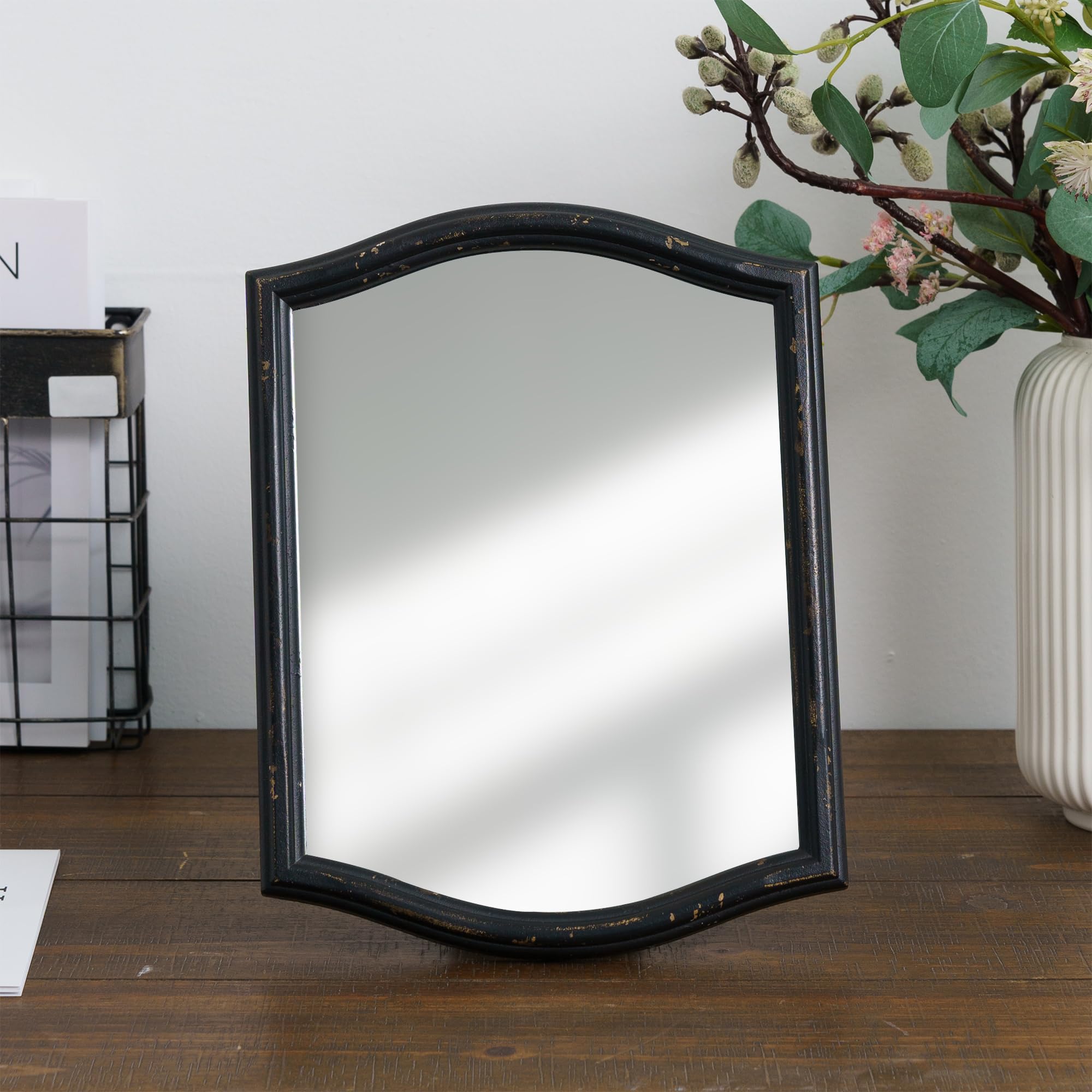 Meolyx Small Vintage Vanity Black Makeup Scalloped Mirror Antique Wavy Square Farmhouse Mirror for Tabletop Living Room Bedroom 