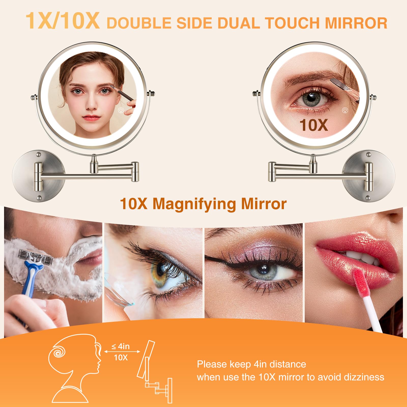 Vorremirr 8.5 Inch Rechargeable Wall Mounted Makeup Mirror Brushed Nickel, Double Side Dual-Touch 1X/10X Magnifying Mirror With