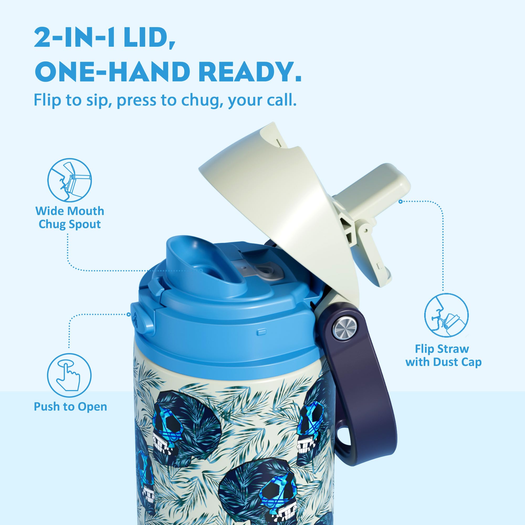 POWCAN 24 oz Insulated Skull Water Bottle: Push-Button Spout & Quick-Flip Straw, Leakproof, Car Cupholder Friendly, Insulated Fl