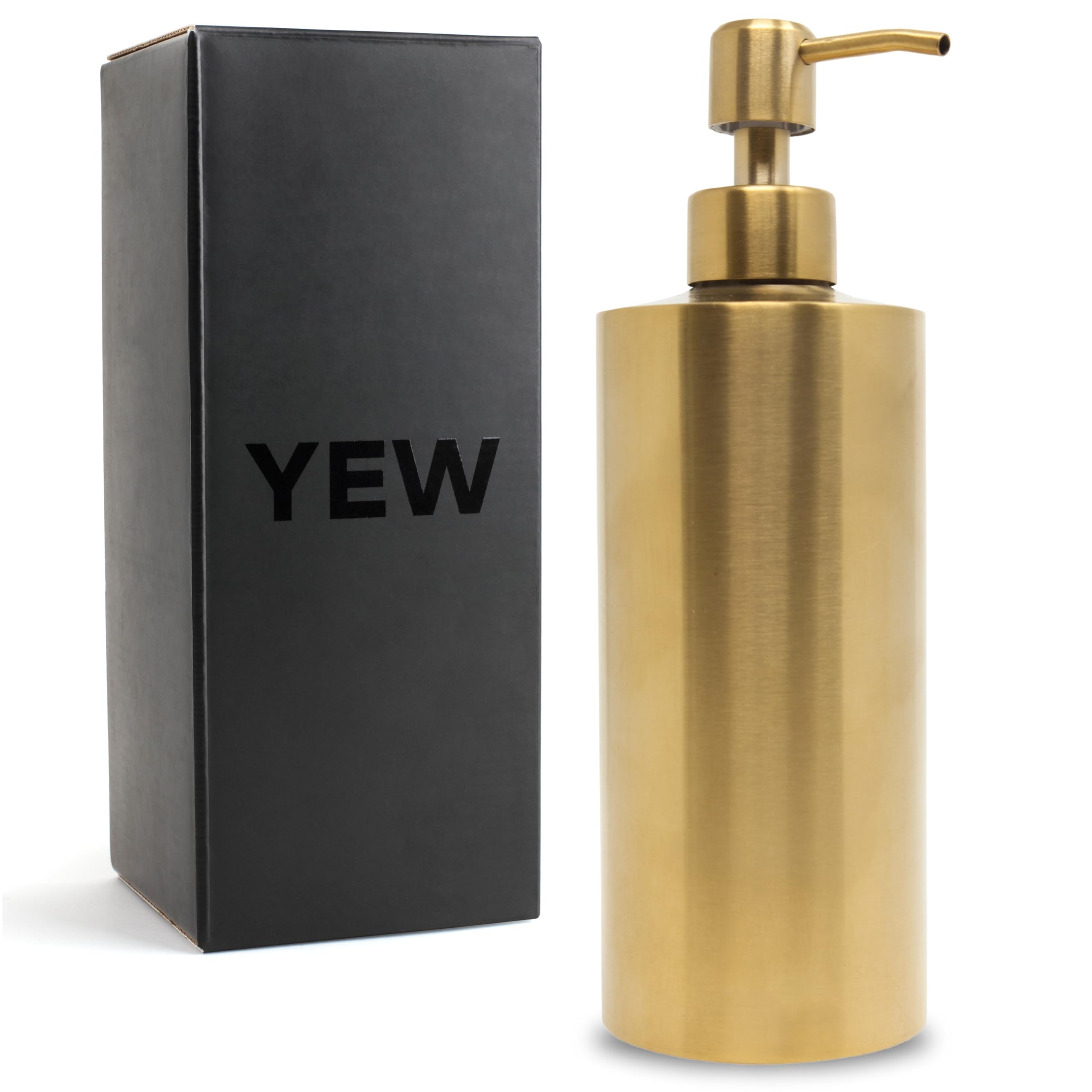 Yew Design Gold Brass Soap Dispenser Stainless Steel For Bathroom And Kitchen Sink, 15Oz Refillable Round Rustproof Hand Dish So