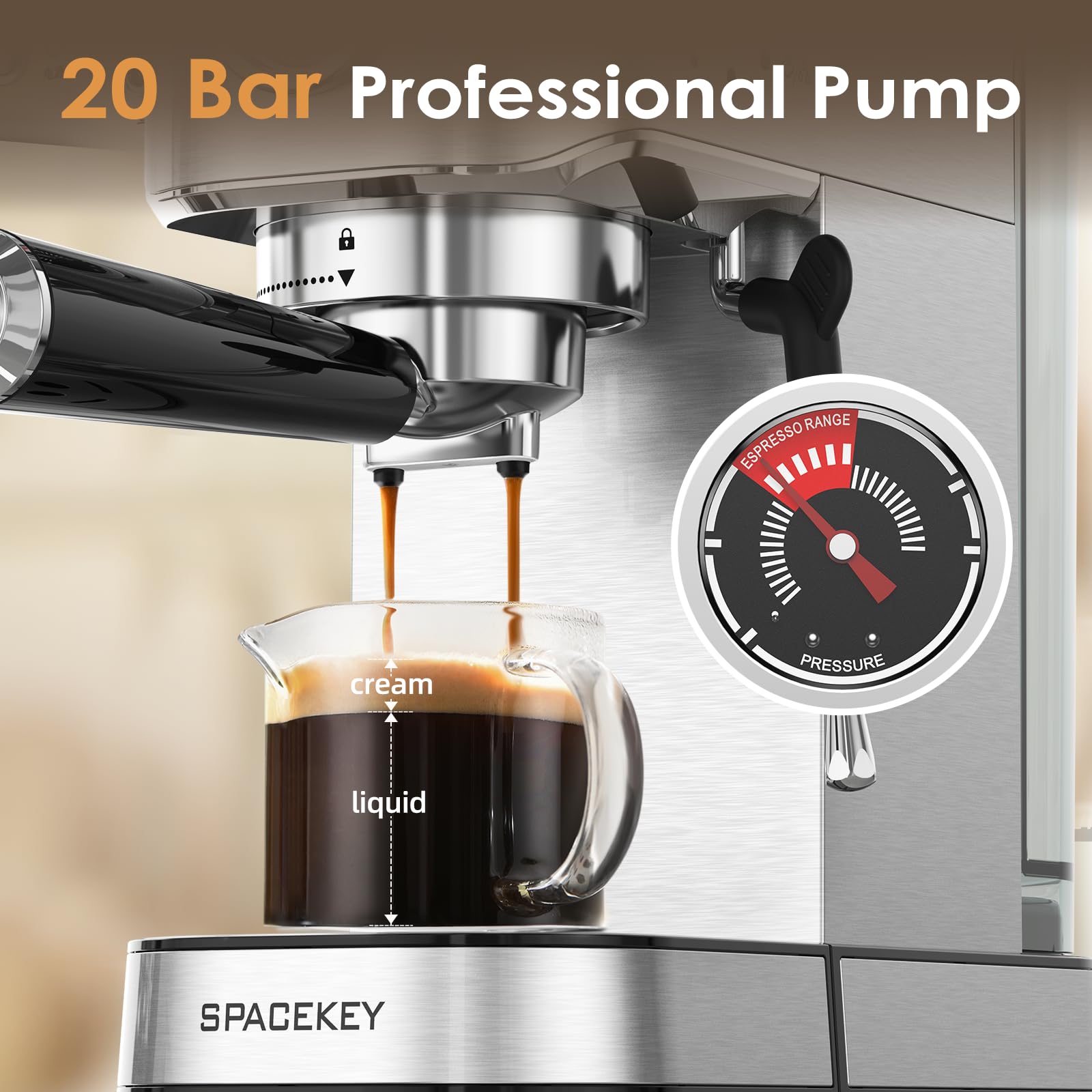 Spacekey Espresso Machine 20 Bar, Professional 1350W Espresso Maker With Milk Frother, Compact Stainless Steel Cappuccino & Latt