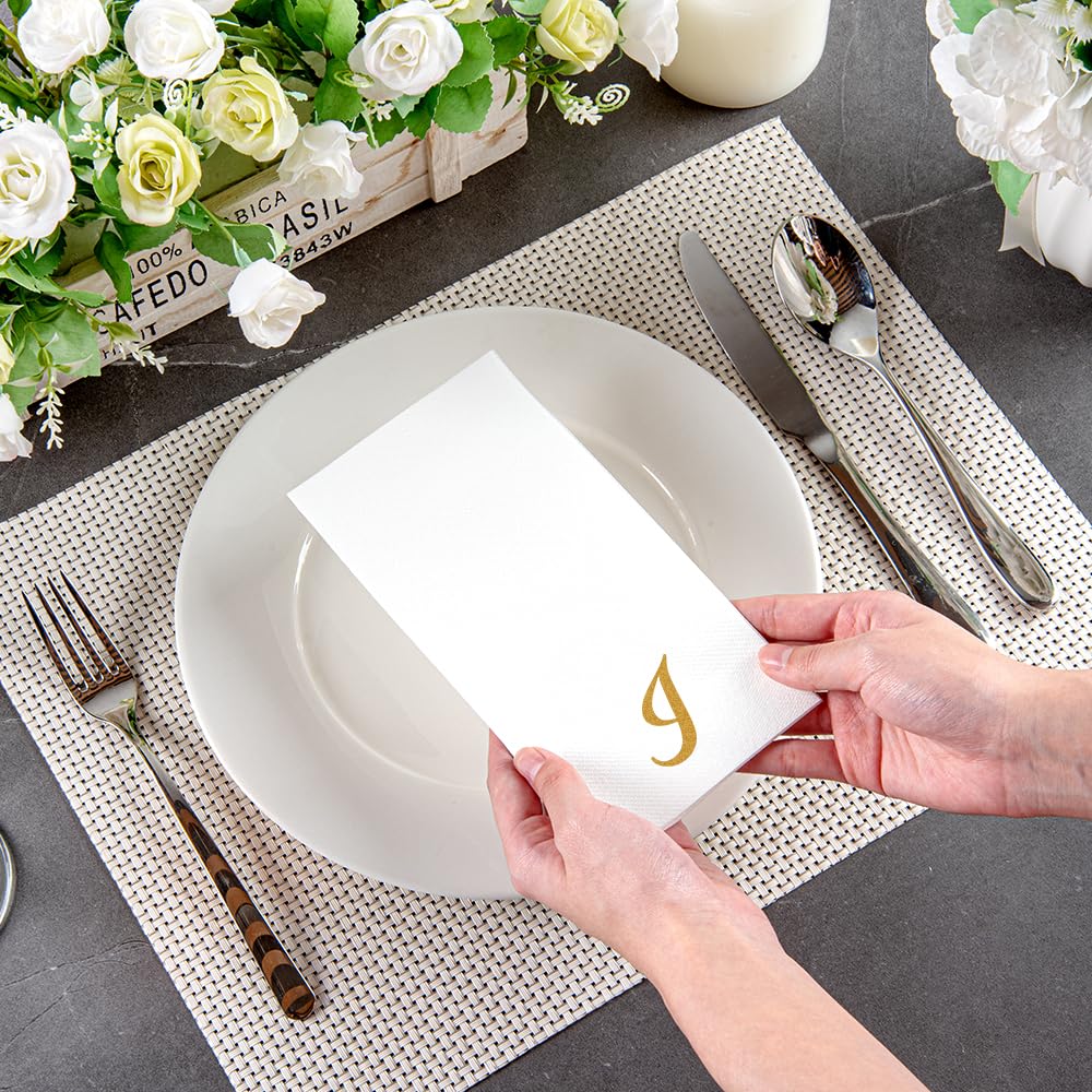 Luxenap 15.8 X 7.9 Inch Linen-Feel Guest Towels, 50 Lettered Hand Towels - Gold Letter 'I', Cursive Font, White Paper Dinner Nap