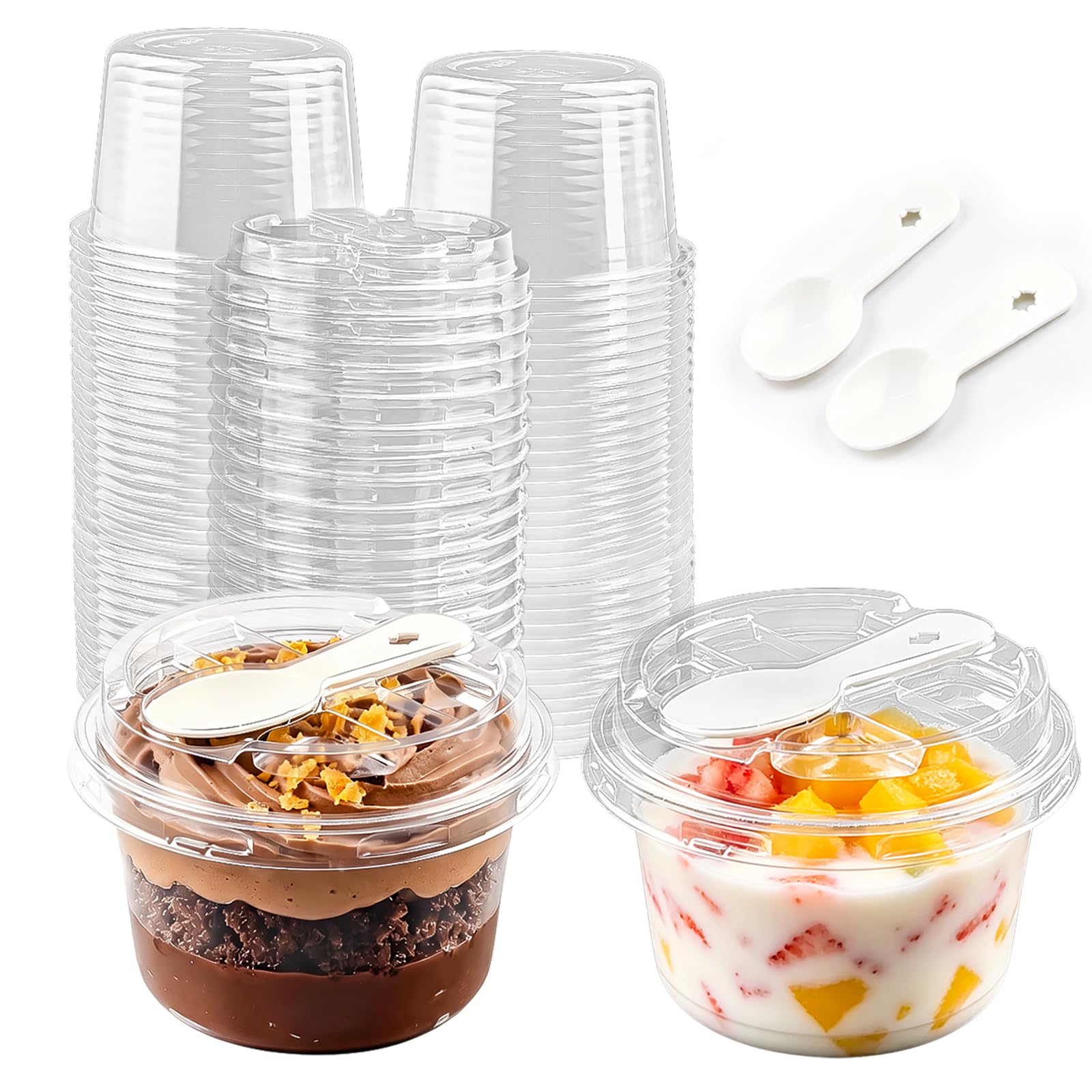Qsqwsuye 5oz 25 PackClear Disposable Plastic Cups with Lids & Builtin Spoon Slot, Dessert Cups with Lids & Spoons, Single Serve