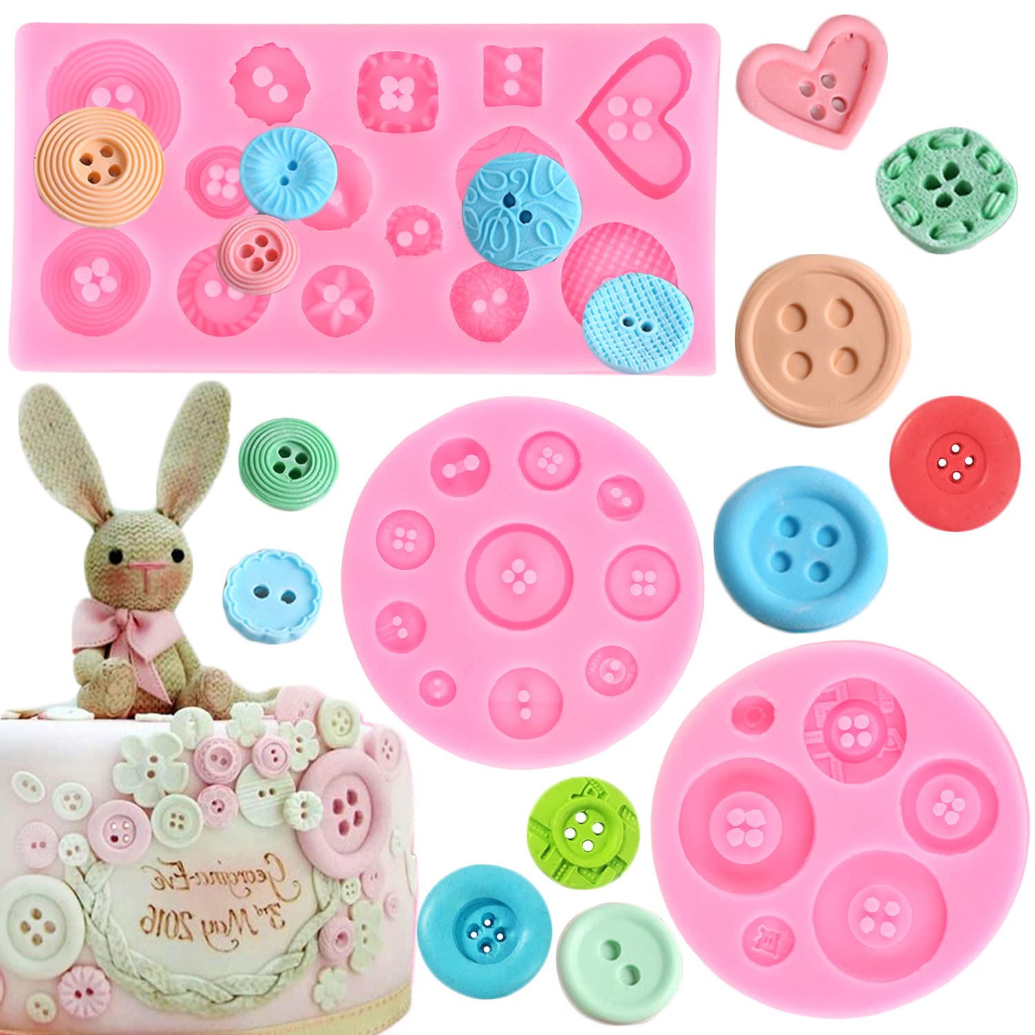 Mujiang Button Fondant Silicone Mold For Cake Decorating Cupcake Topper Candy Chocolate Polymer Clay Gum Paste Set Of 3