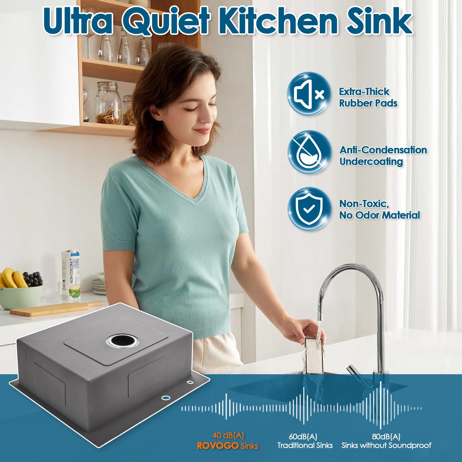 Rovogo 25X22X8.7 In. Drop-In Kitchen Sink Single Bowl With Rear Drain, 18 Gauge Stainless Steel Handmade Top Mount Sink With 2-H