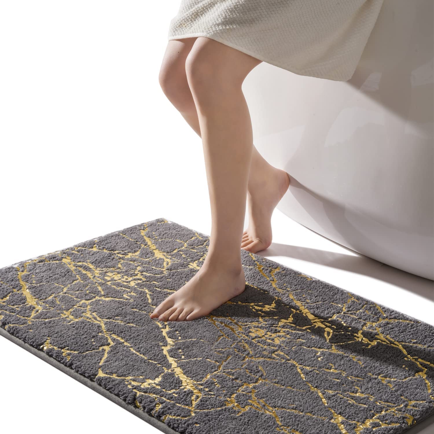 Qjhomo Marble Bathroom Runner Rug Gold Decor Long Bathroom Rugs Gray Bath Mat Non Slip Super Absorbent Bathmat Machine Washable