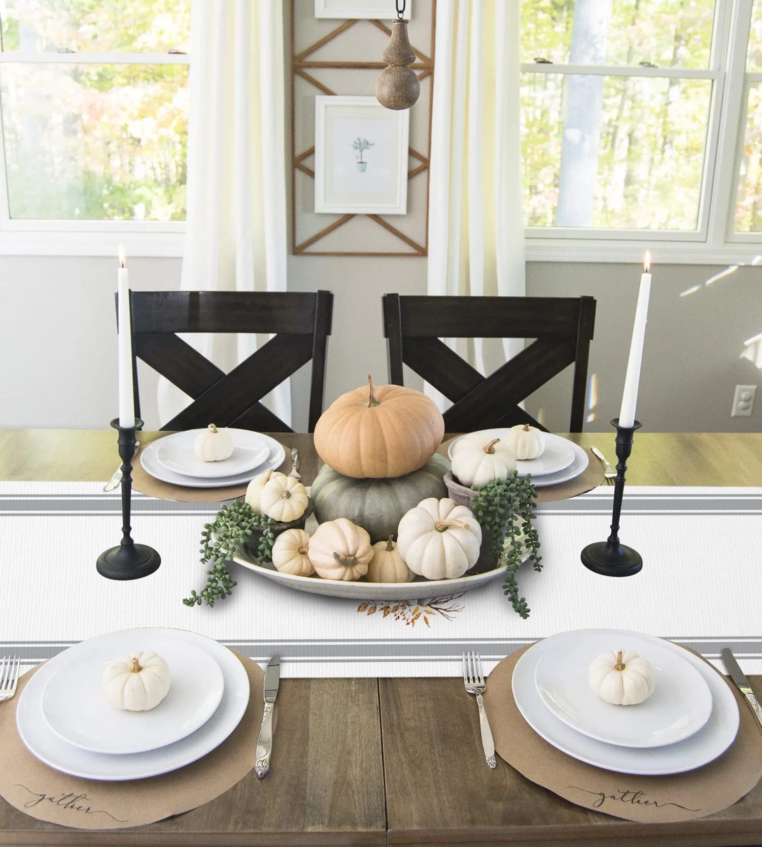 Fall Thanksgiving Table Runners 70 Inch Decorations White Pumpkin Leaf Branch Runners For Dining Tables Gray Stripes Autumn Dinn
