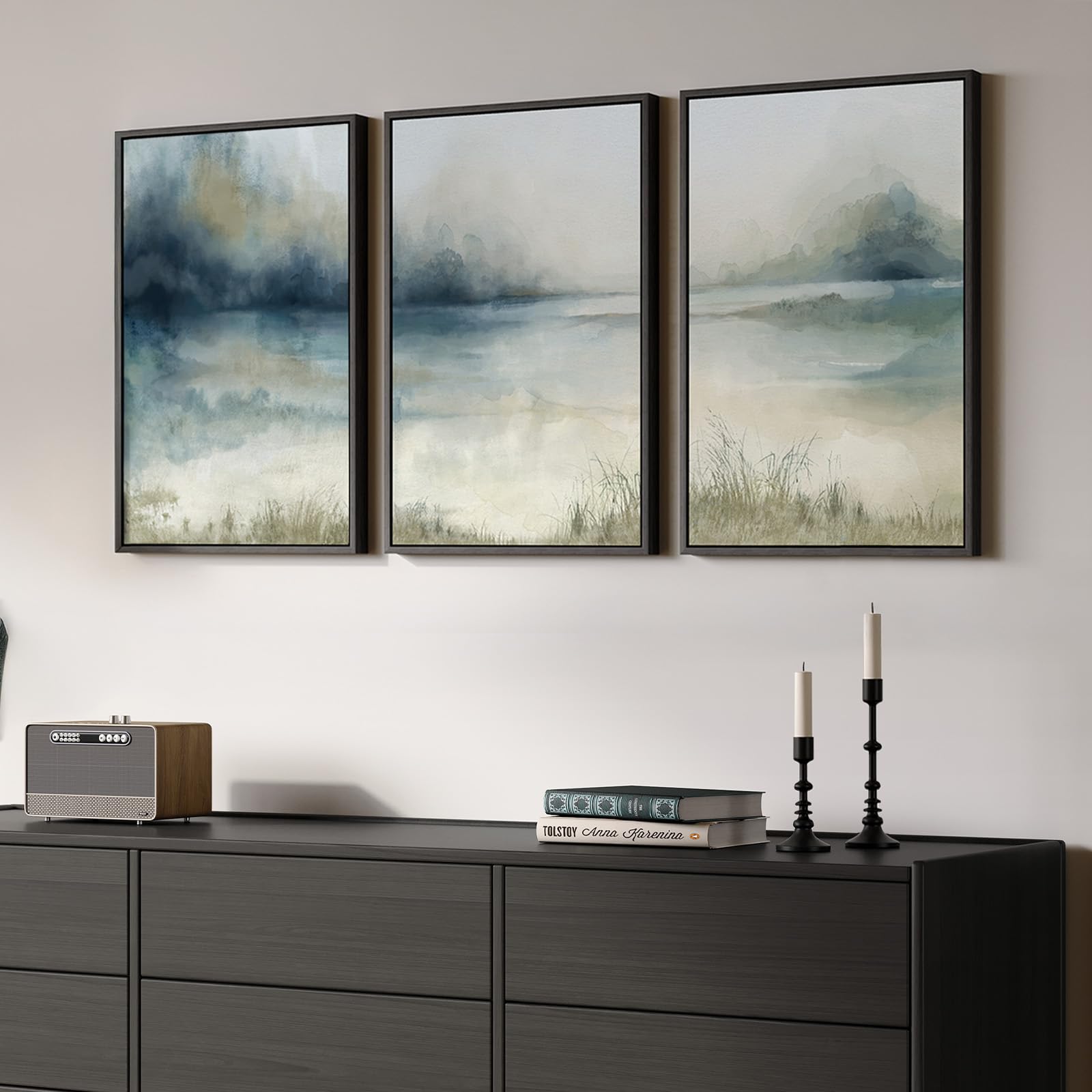 Framed Abstract Landscape Wall Art, 3 Piece Blue Watercolor Canvas Prints Paintings Artwork For Walls, Misty Lake Mountain Natur