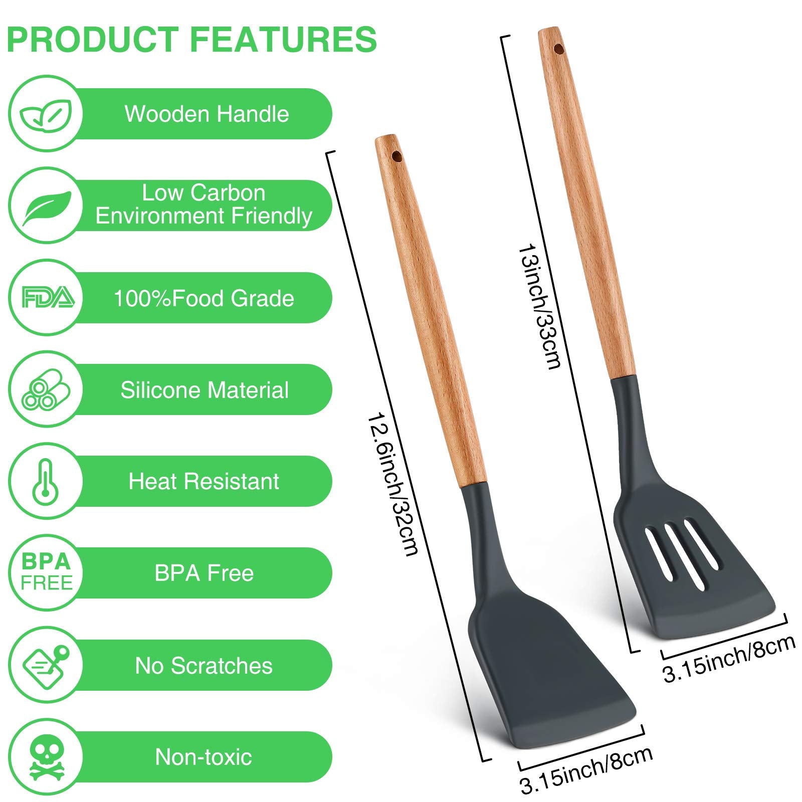2 Pieces Silicone Slotted Turner Set, Silicone Turner Spatula With Wood Handle, Heat Resistant Kitchen Spatula Non-Stick Kitchen