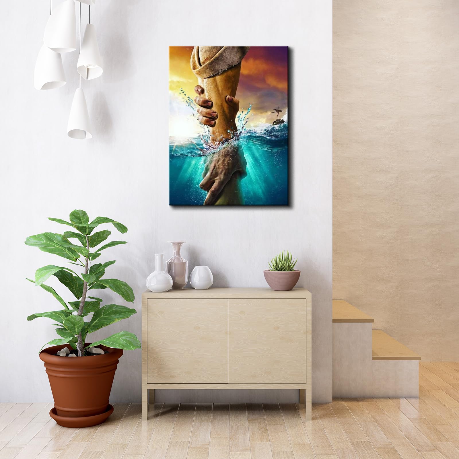 Yonica Jesus Wall Art The Hand Of God Jesus Reaching Into Water Christ Religion Canvas Wall Decor Blue Ocean Bible Pictures For