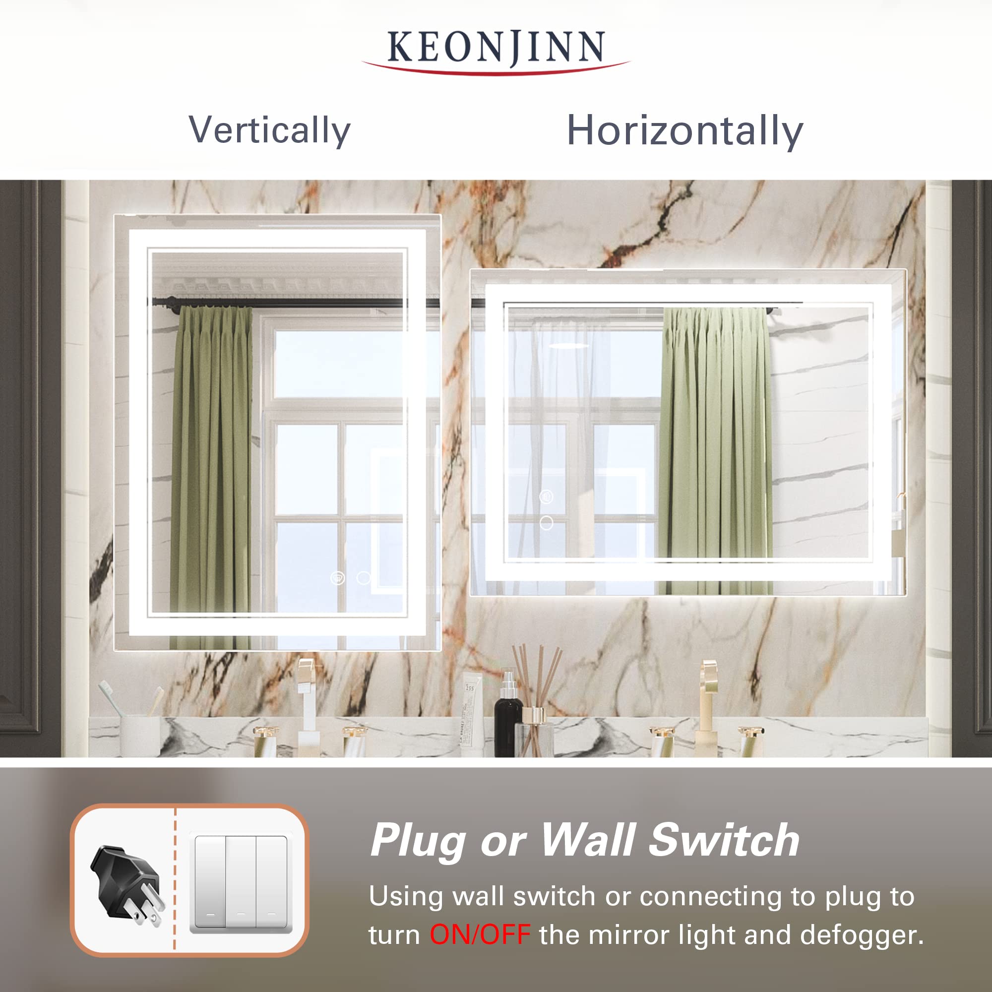 Keonjinn LED Bathroom Mirror  32 x 24 Inch Front Lighted Bathroom Vanity Mirror with Lights  Wall Mounted Anti-Fog Dimmable Lighting Makeup Mirror with Memory  6000K  IP54 (Horizontal/Vertical)