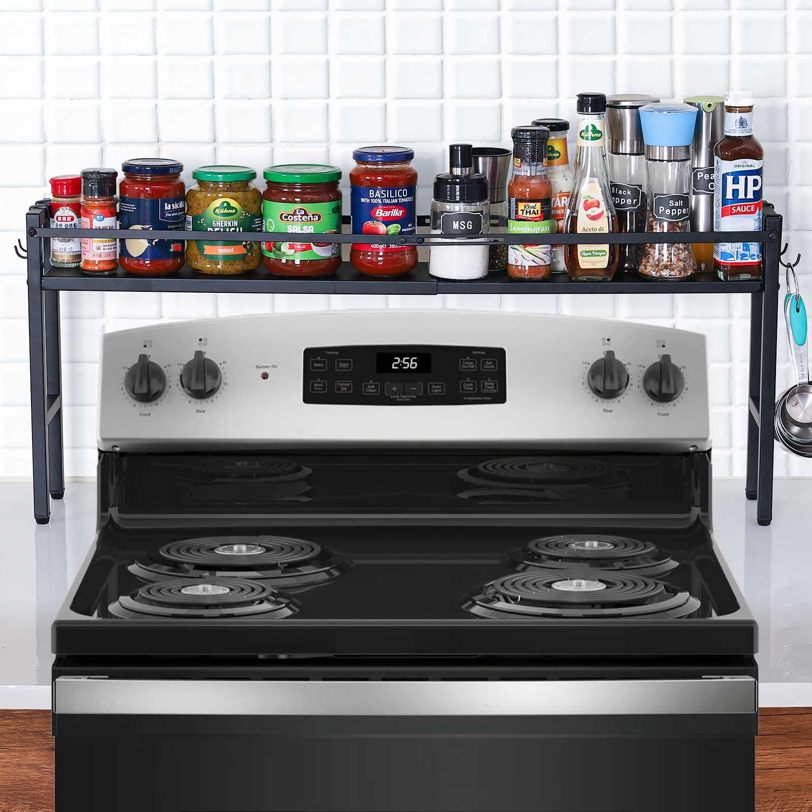 Yudeke Stove Top Shelf, Extendable Spice Rack For Kitchen  Adjustable OverTheStove Shelf With 4 Hooks, Seasoning Organizer Co