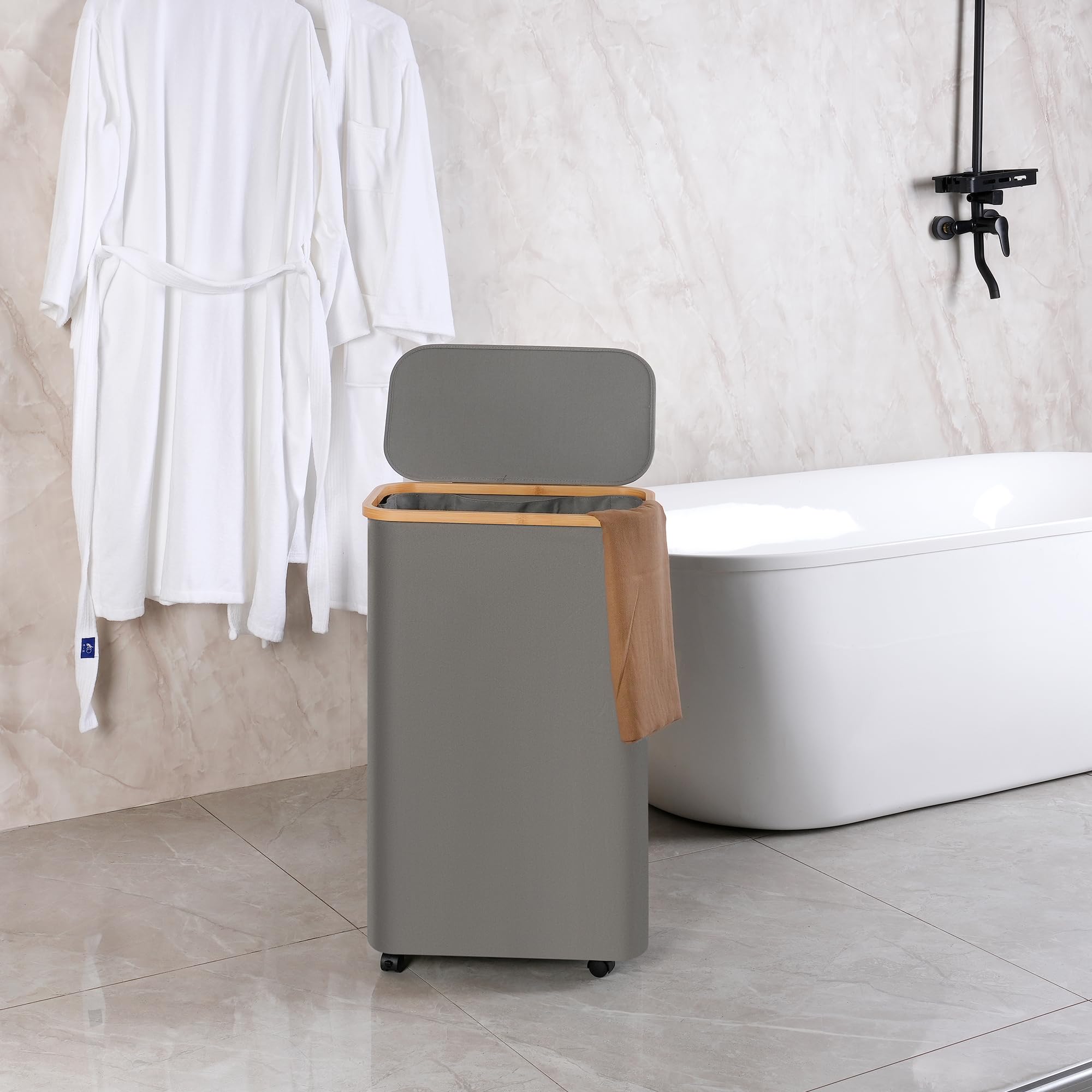 efluky Slim Rolling Laundry Basket with Lid, 75L Grey Hamper on Wheels for Bedroom, Dorm, Bathroom, Model RollingBH_75GY