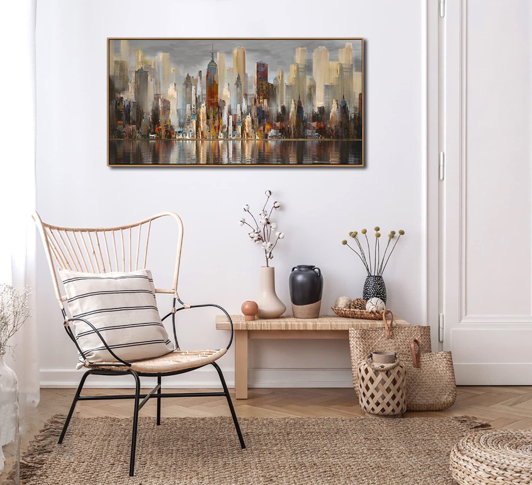 Living Room Wall Decoration, Large City Landscape, New York Wall Decoration, Abstract Brown Theme Painting, Bedroom Modern Canva