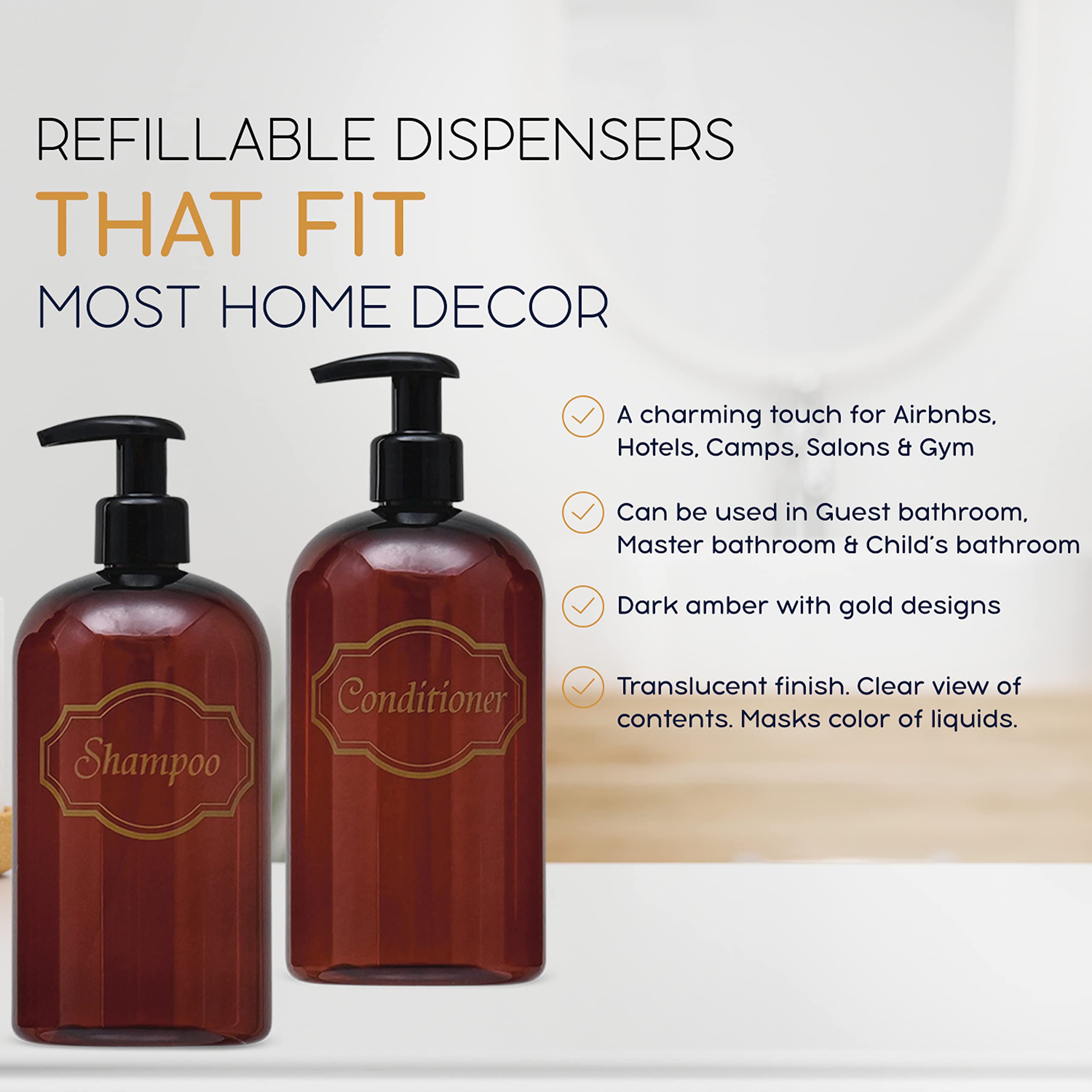 Bottiful Home-16 Oz Amber Shampoo And Conditioner Shower Soap Dispensers-2 Refillable Empty Pet Plastic Pump Bottle Shower Conta