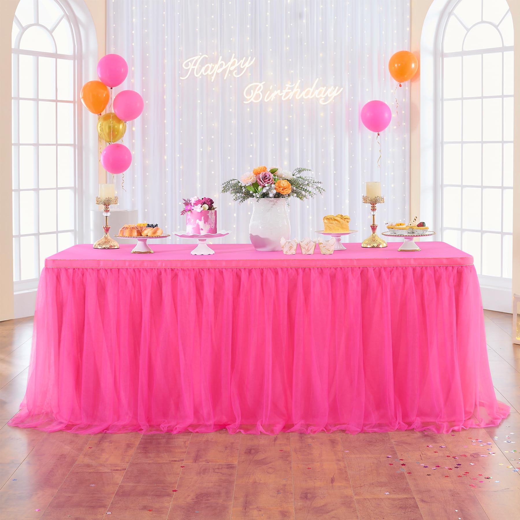 72in Hot Pink Tulle Table Skirts for Rectangle Tables 6ft 4ft, 2-Layer Ruffle Tulle Tutu Fuchsia Cloth Table Skirt 6ft for Barbi