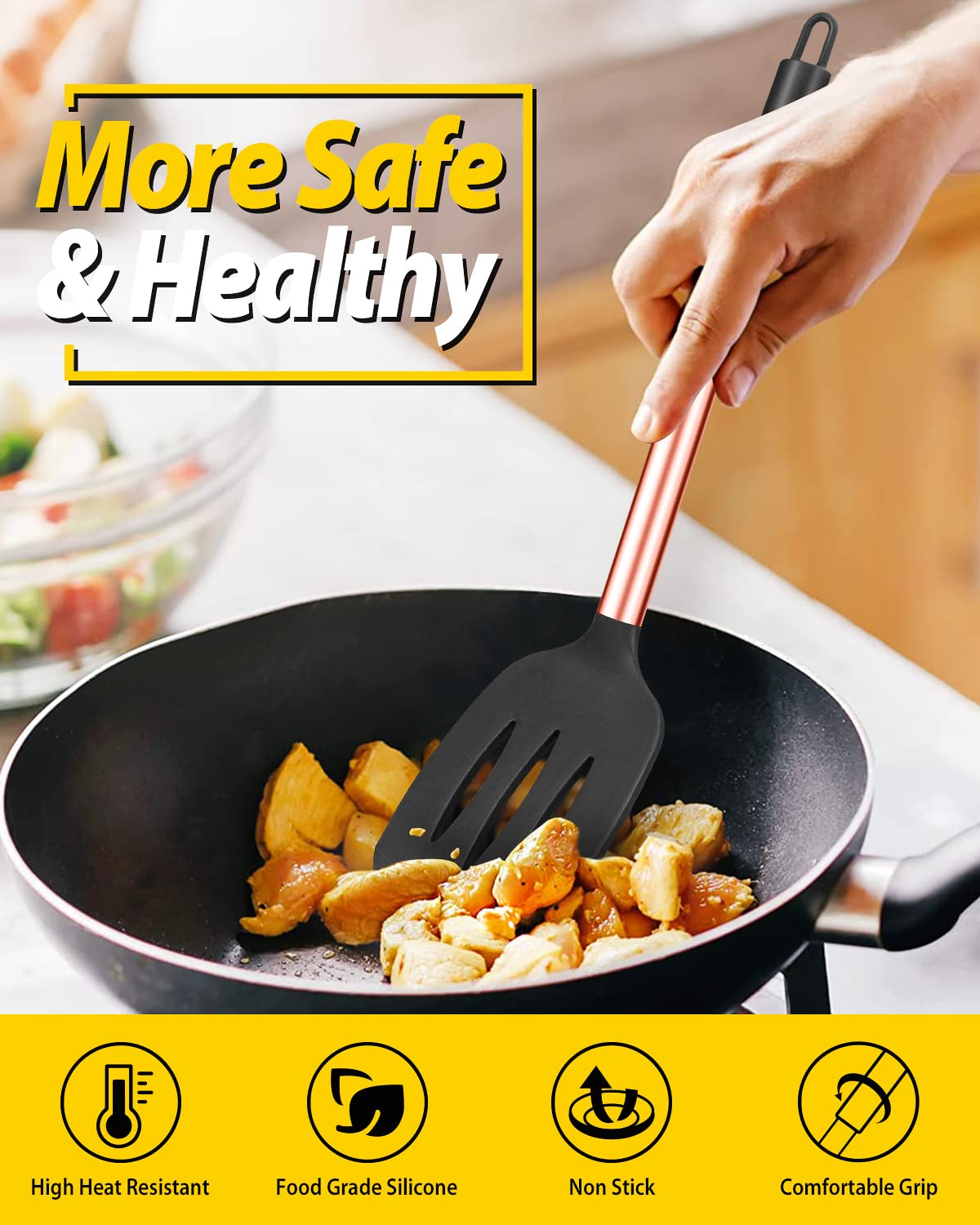 Pack of 4 Silicone Cooking Utensils Set  Non Stick Large Solid Spatulas  Heat Resistant Rose Gold Black Slotted Spoons  Ideal BPA Free Kitchen Turners for Frying  Mixing Serving Draining Turning
