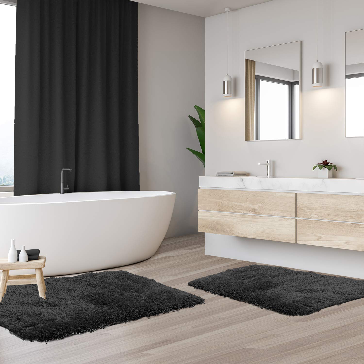 Clara Clark Bathroom Rugs  Ultra Soft Shaggy Bath Rugs - Bath Mats for Bathroom  Machine Wash  Non Slip Backing Rubber  2 Piece Bathroom Rug Set  Black