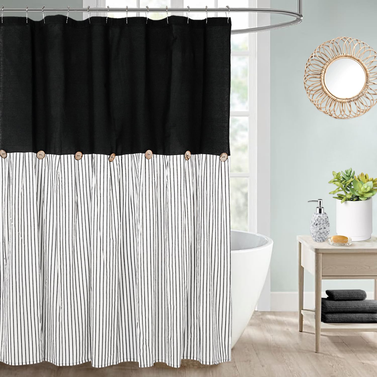 Dosly Ides Farmhouse Navy Blue Shower Curtain For Bathroom,Beige And Navy Stripe,Button Curtain,Cotton Blend Woven Fabric,Rustic