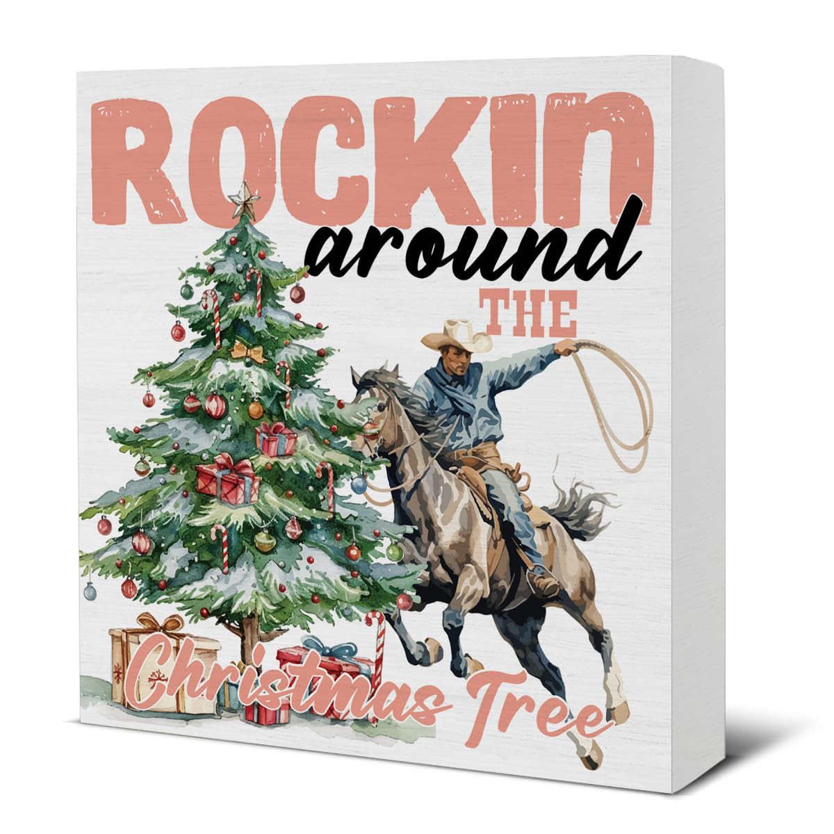 Western Christmas Decorations, Christmas Tree Wooden Sign, Christmas Room Decor, Christmas Decor for Desk Table Shelf 5 x 5 Inch