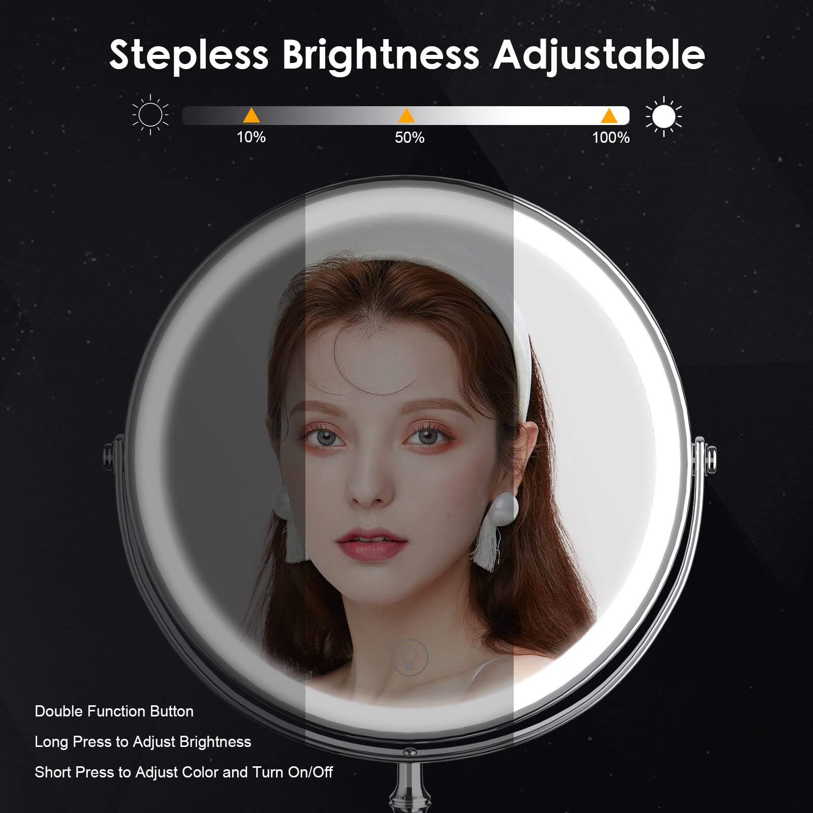 Lighted Makeup Mirror, 8'' Rechargeable Double Sided Magnifying Mirror With 3 Colors, 1X/10X 360 Rotation Touch Screen Vanity Mi