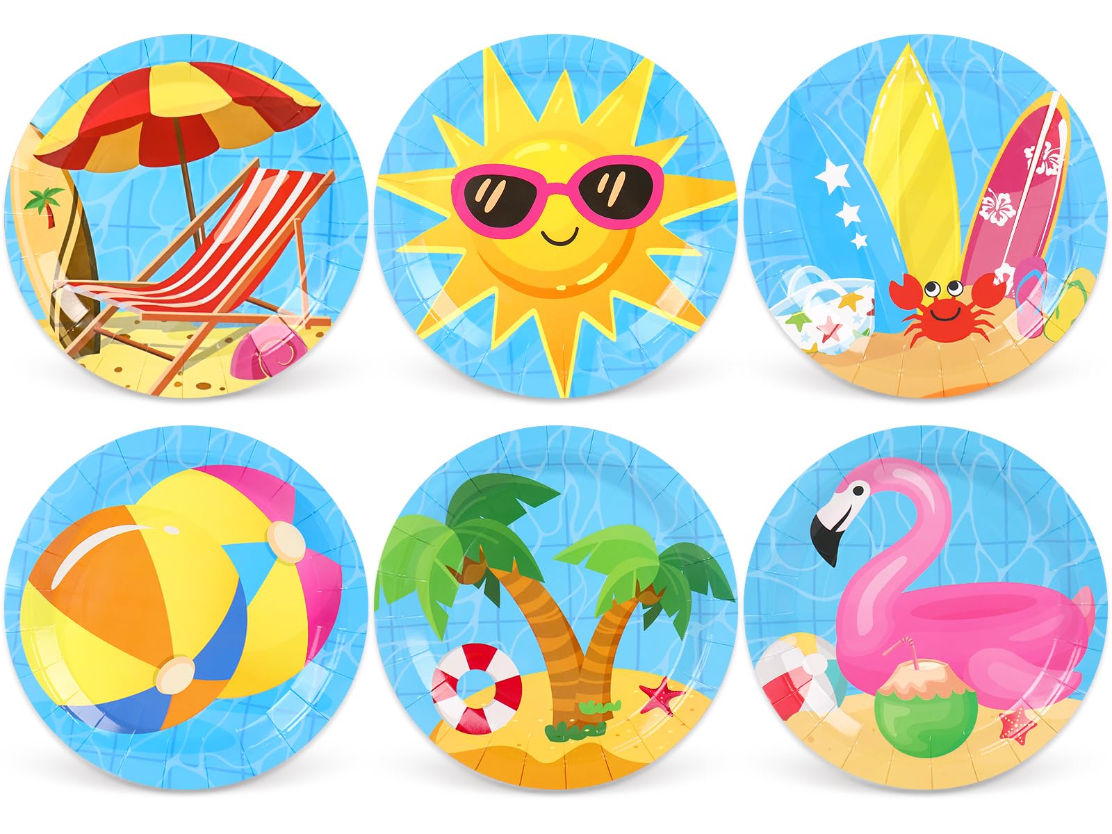 Whaline Beach Pool Party Plate Summer Hawaiian Tropical Disposable Paper Plate 6 Designs Dessert Plates 9 Inch for Swimming Part
