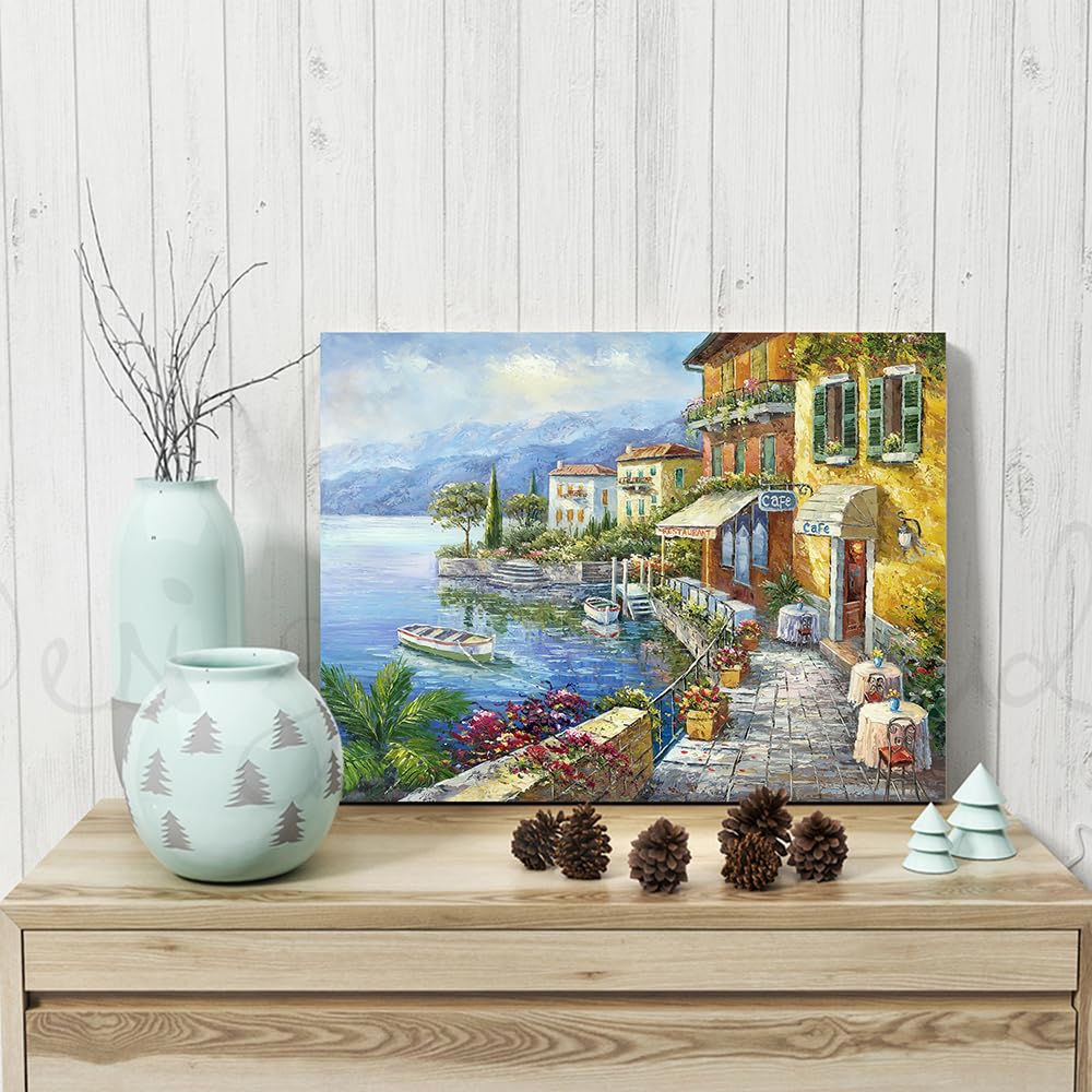 Sd Soft Dance Mediterranean Town Painting Canvas Print - Coastal City Artwork Wall Art Reproduction For Living Room (11'' X 16''