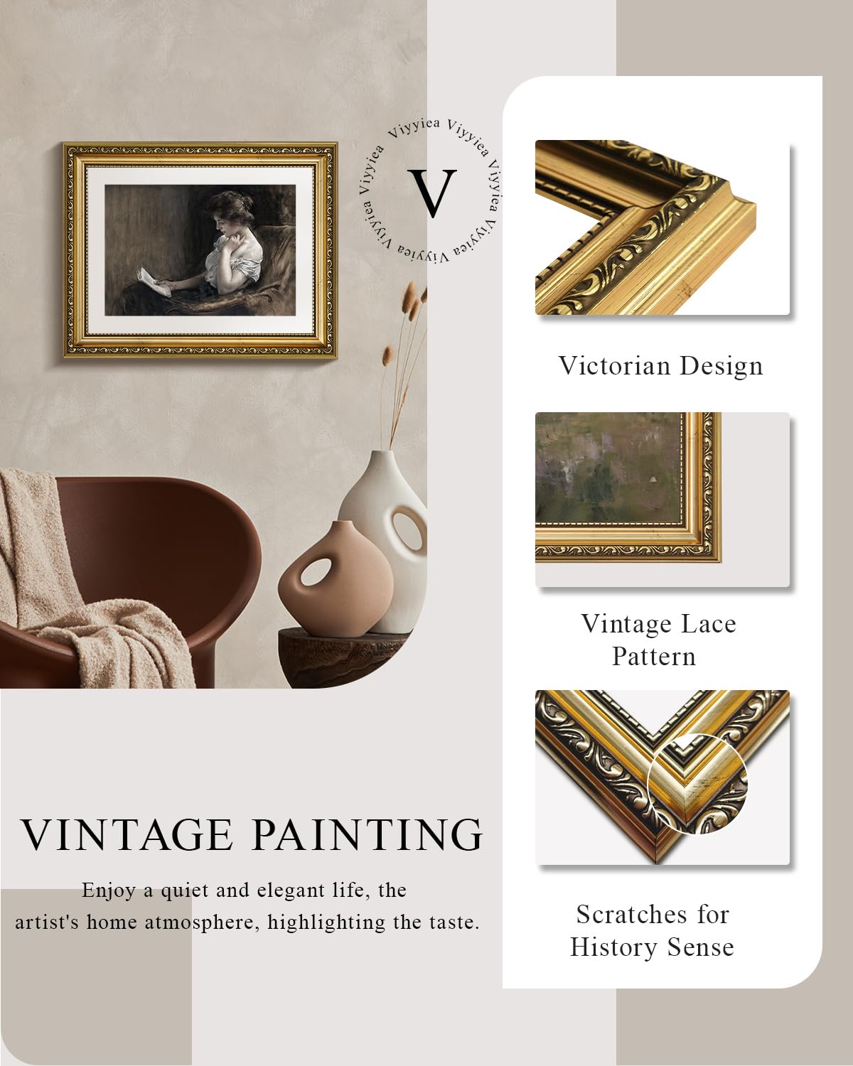 Viyyiea Gold Framed Wall Art Canvas Print Home Decor Portrait Art Woman Sitting Reading Vintage Art Room Aesthetic Mid Century L