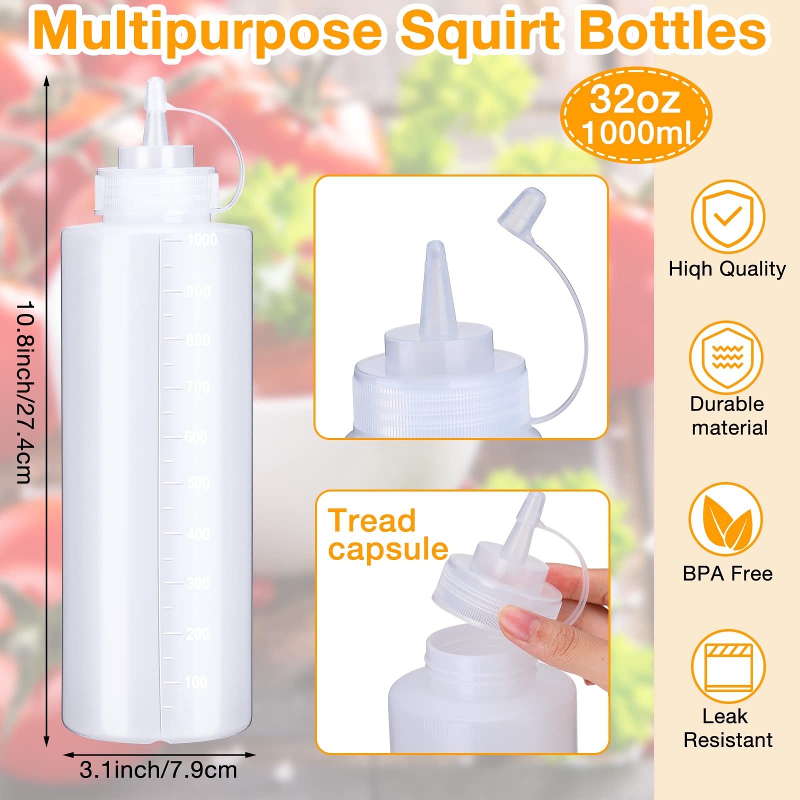 Hoolerry 16 Pieces 32 Oz Squeeze Bottle Plastic Condiment Squeeze Bottles With Twist On Cap Lids And And Discrete Measurement Sa