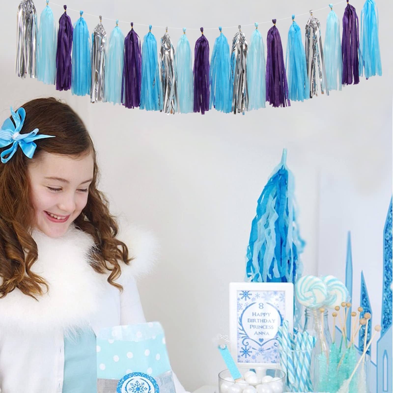 Purple-Blue Silver Frozen Party-Decorations Tassel-Garland -20pcs Winter Girl Birthday New Year Christmas Tassels Banner Streame