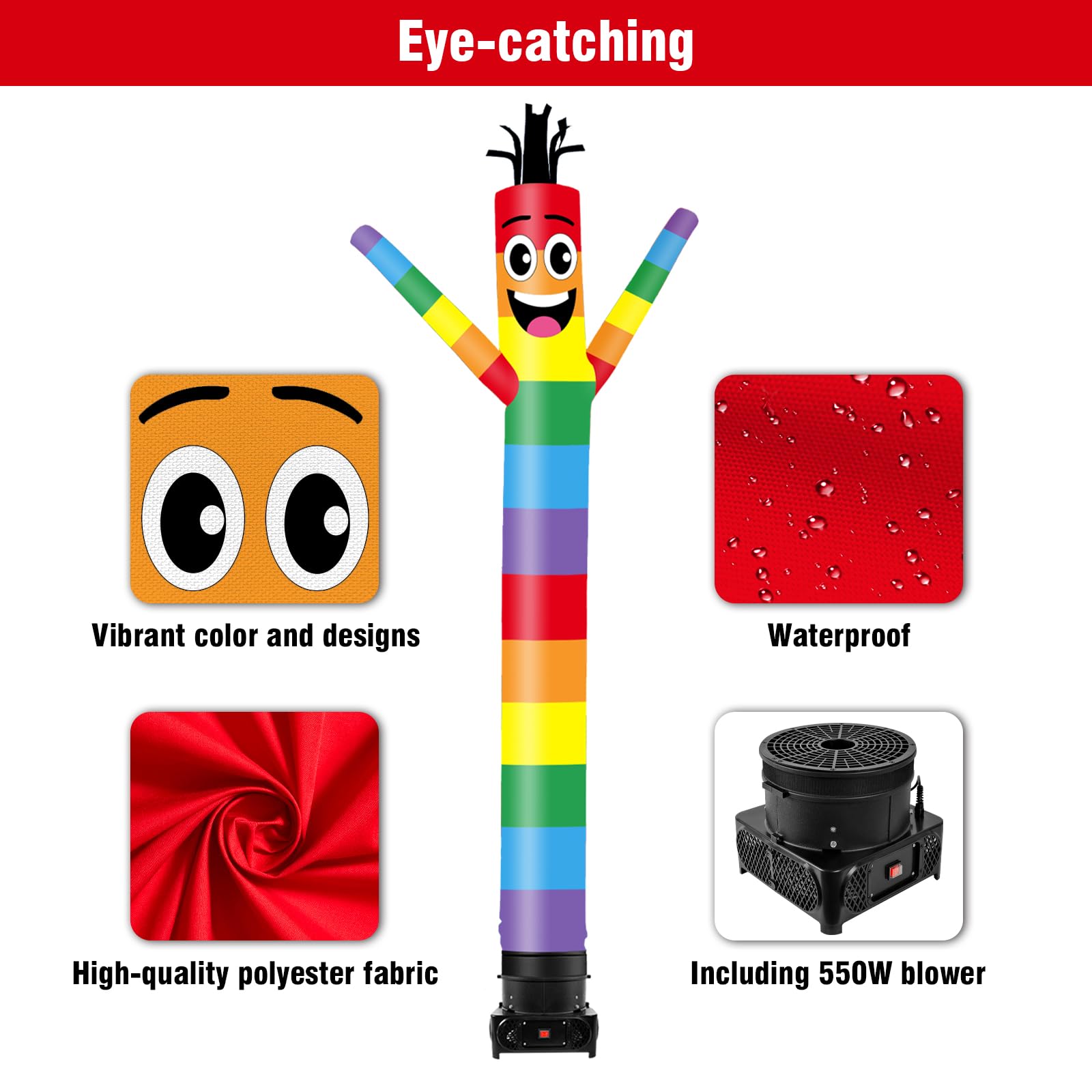GOODENY 10FT Tall Inflatable Tube Man Rainbow Wacky Wavy Dancing Guy with 3/4 HP Weather-Resistant Blower (12  Diameter) for Out