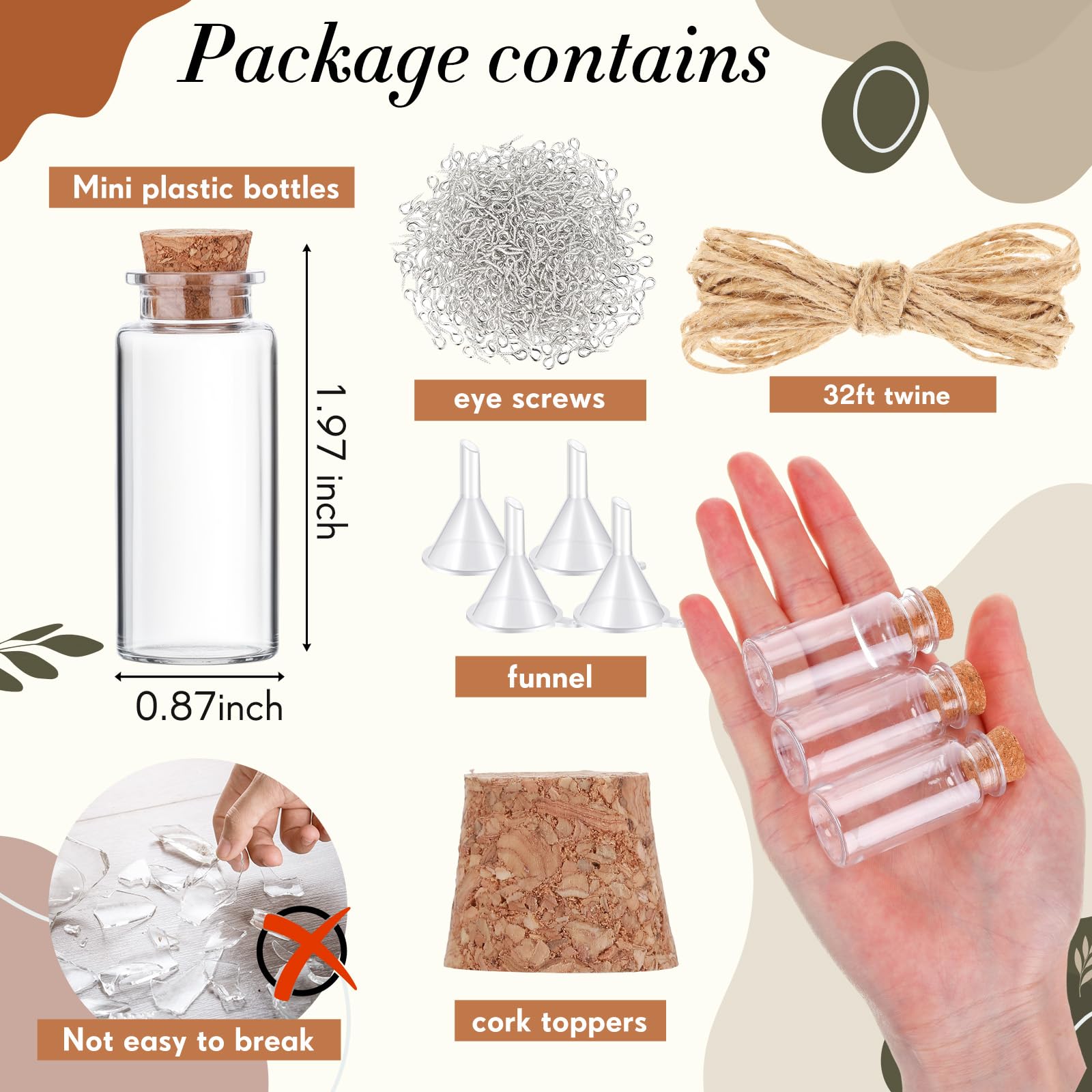 Bokon 50 Packs 15ml Mini Plastic Bottles with Corks Stoppers Eye Screws Funnels Small Potion Bottles Tiny Clear Sand Art Jar Wis