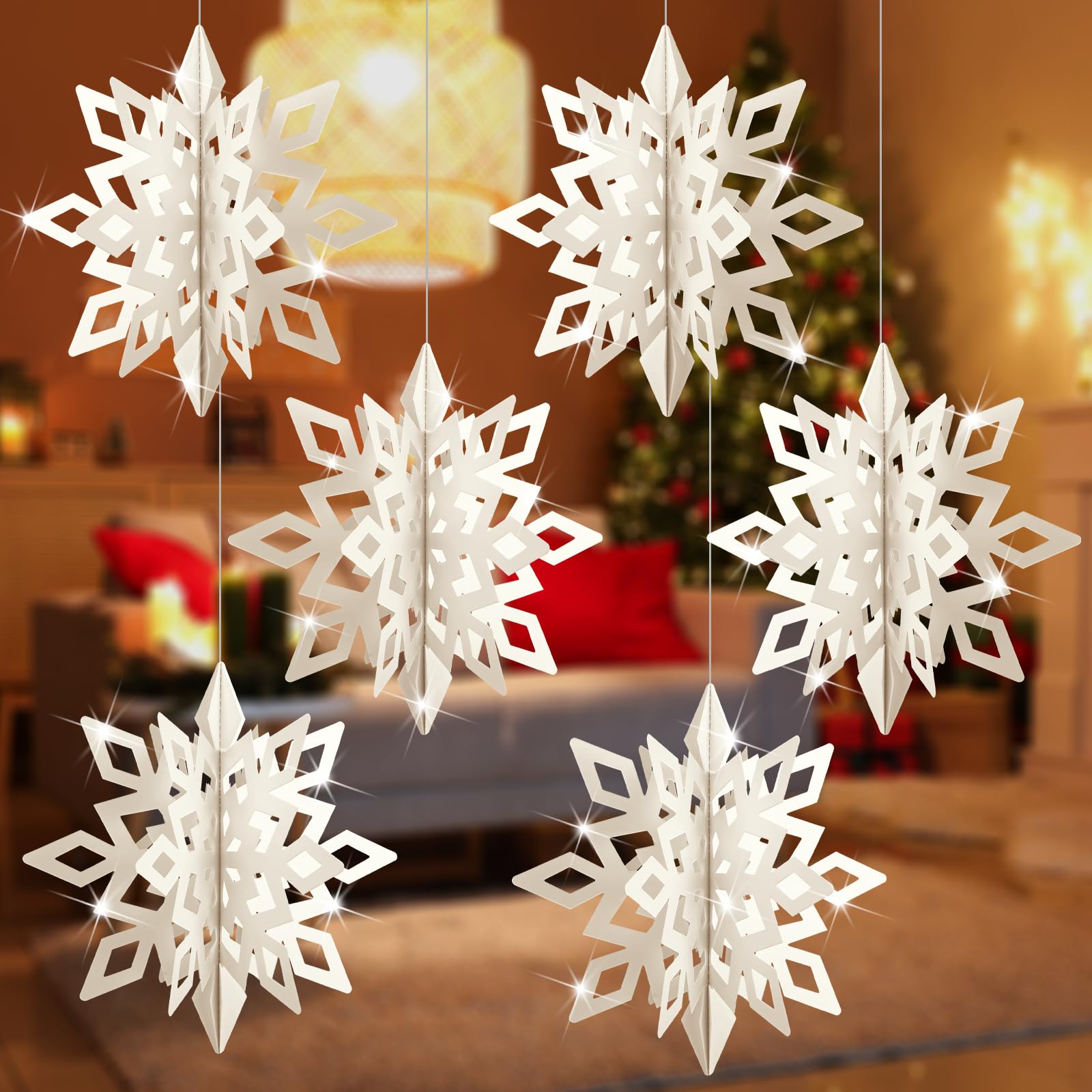 Syhood 6 Pcs 12 Inch Christmas Large Hanging Snowflake Decoration White Winter Outdoor 3D Holographic Paper Giant Craft Snowflak