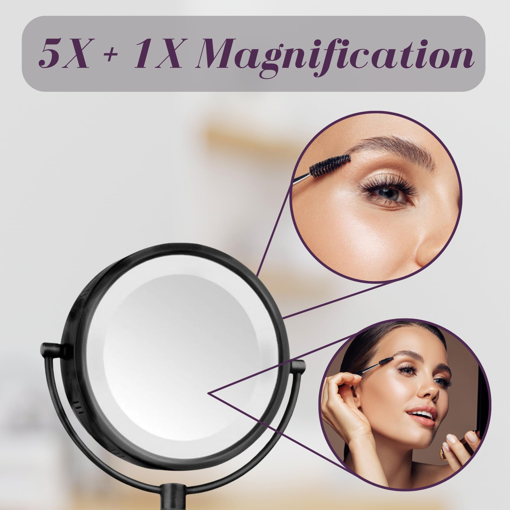 JERDON Wall-Mounted Makeup Mirror with 5X Magnification - Black Makeup Mirror with LED Lights - Plug in - Model HL65BK