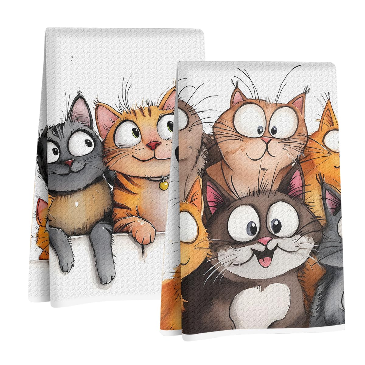 Jztco 2 Pcs Cute Cat Kitchen Towels, Cats Soft Absorbent Hand Tea Towel, Microfiber Dish Cloths for Drying Dishes, Waffle Dish T