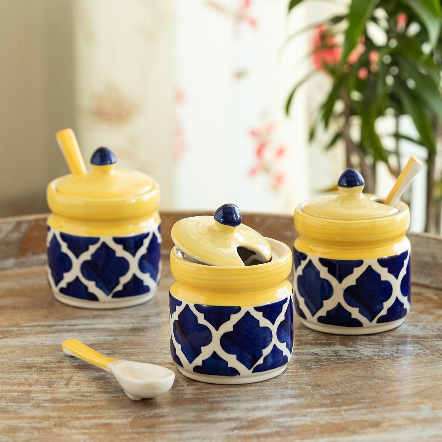 Exclusivelane Moroccan Ceramic Pickle Jars For Dining Table With Spoon (Set Of 3, NonAirtight, 310 Ml, MultiPurpose) | Pickl