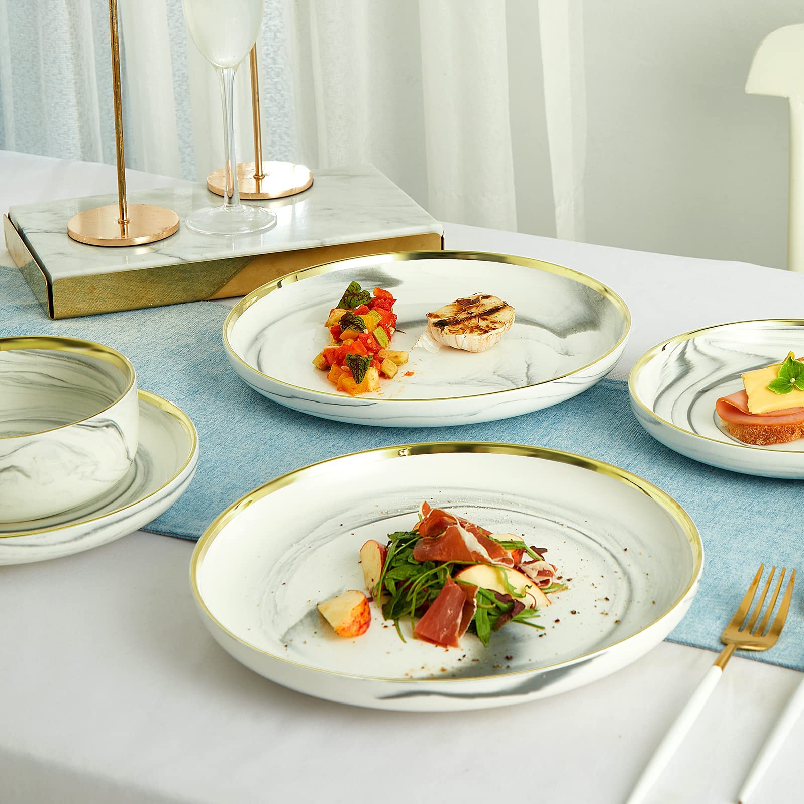 Pokini Marble Gold Rim Dinnerware Sets, Porcelain Plates and Bowls Sets, Modern Luxury Dish Set for 4, White Grey China Dinner S