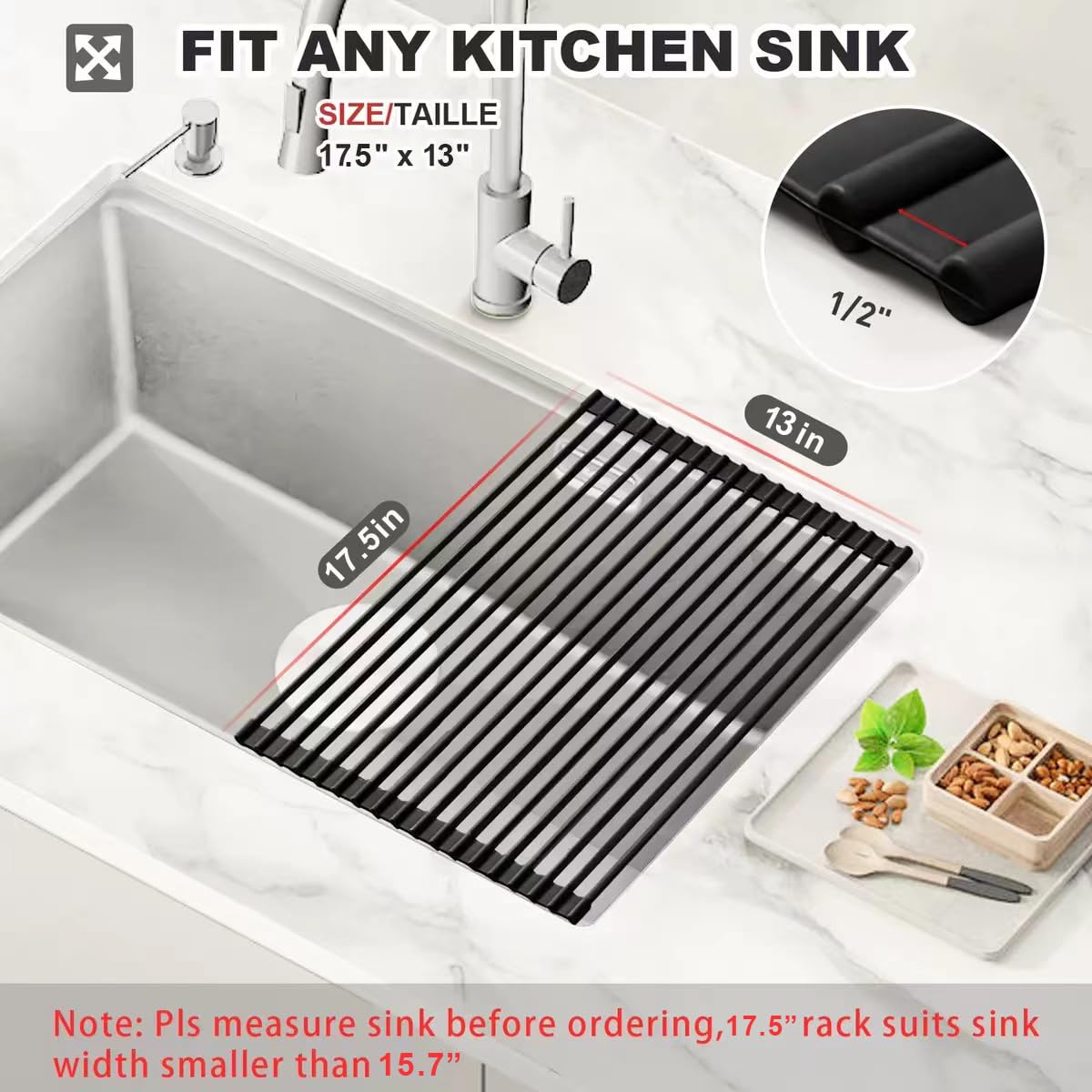 Merrybox Roll Up Dish Drying Rack Silicone Wrapped Over The Sink Dish Drying Rack Multipurpose Foldable Sink Drying Mat Anti-Sli