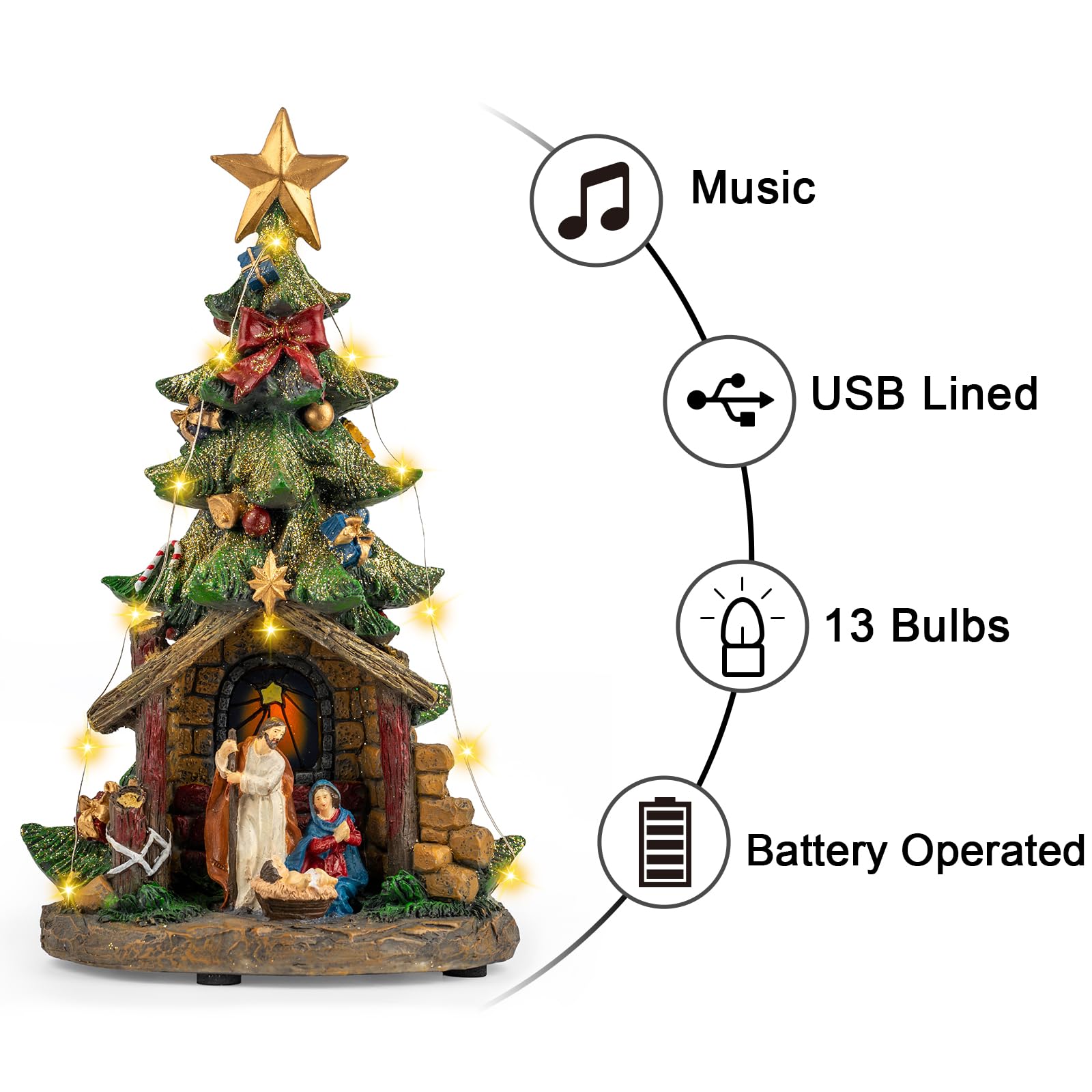 VISFLAIR 12'' Christmas Tree Lighted Manger Nativity Scene, Musical Holy Family Figurines LED Light Play Silent Night Music, Bat