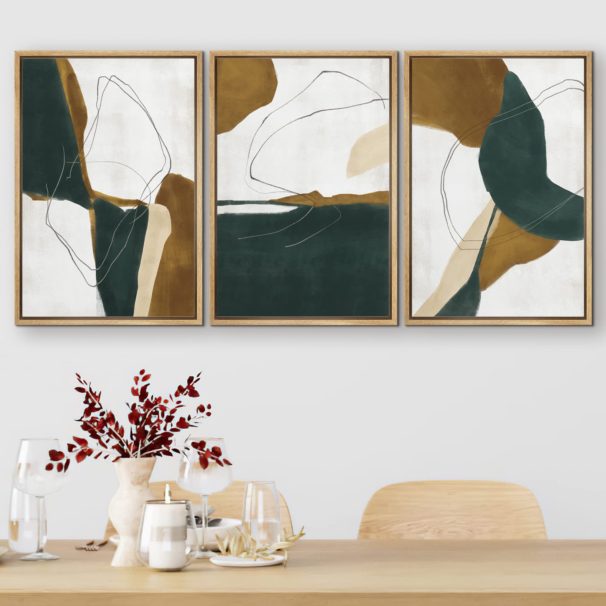 Signford Framed Canvas Print Wall Art Set Brown Navy Blue Geometric Landscapes Abstract Shapes Illustrations Modern Art Bohemian