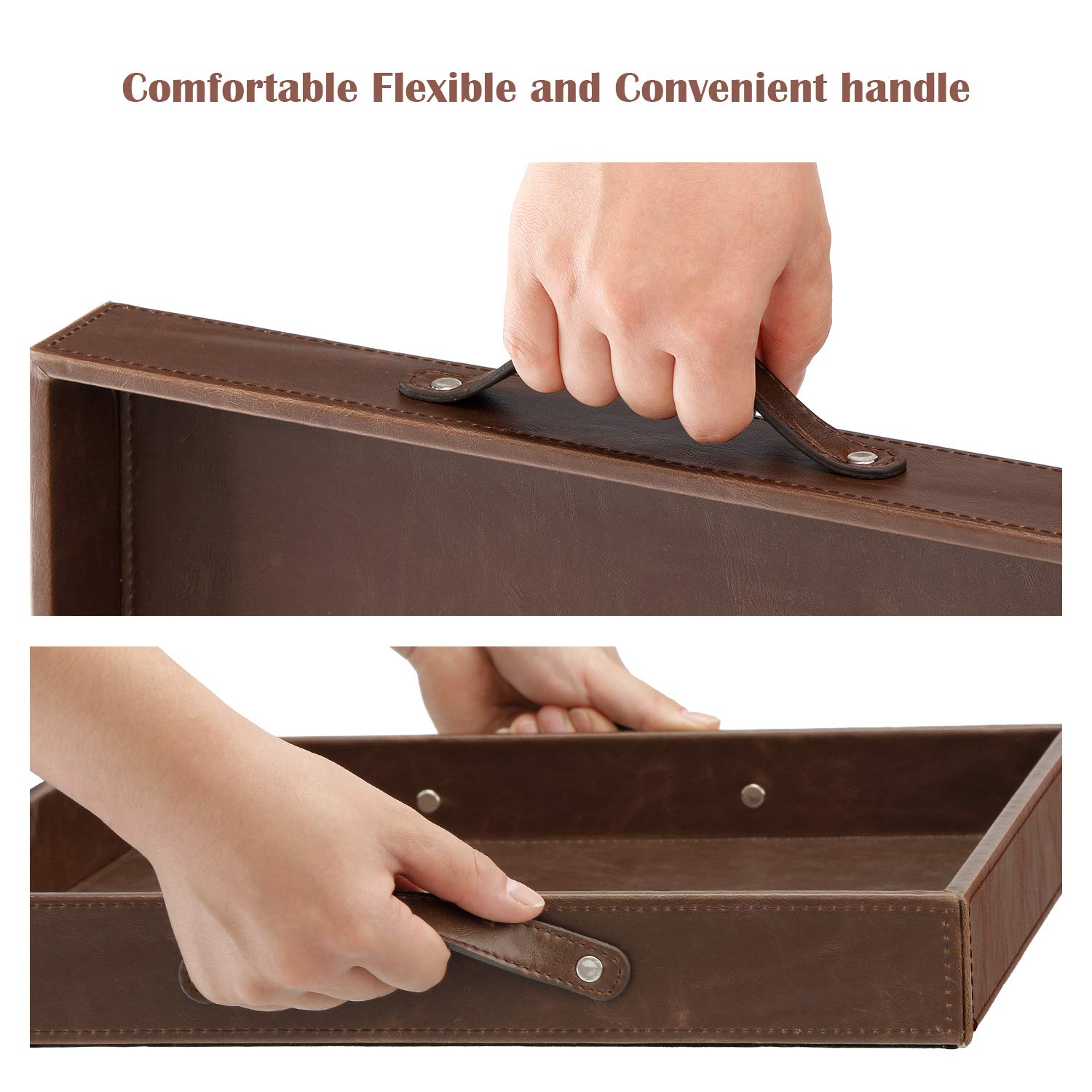 Ranslen Square Leather Serving Tray With Handles, 15''X15'' Table Trays For Ottoman Coffee Table, Decorative Tray For Home Organ