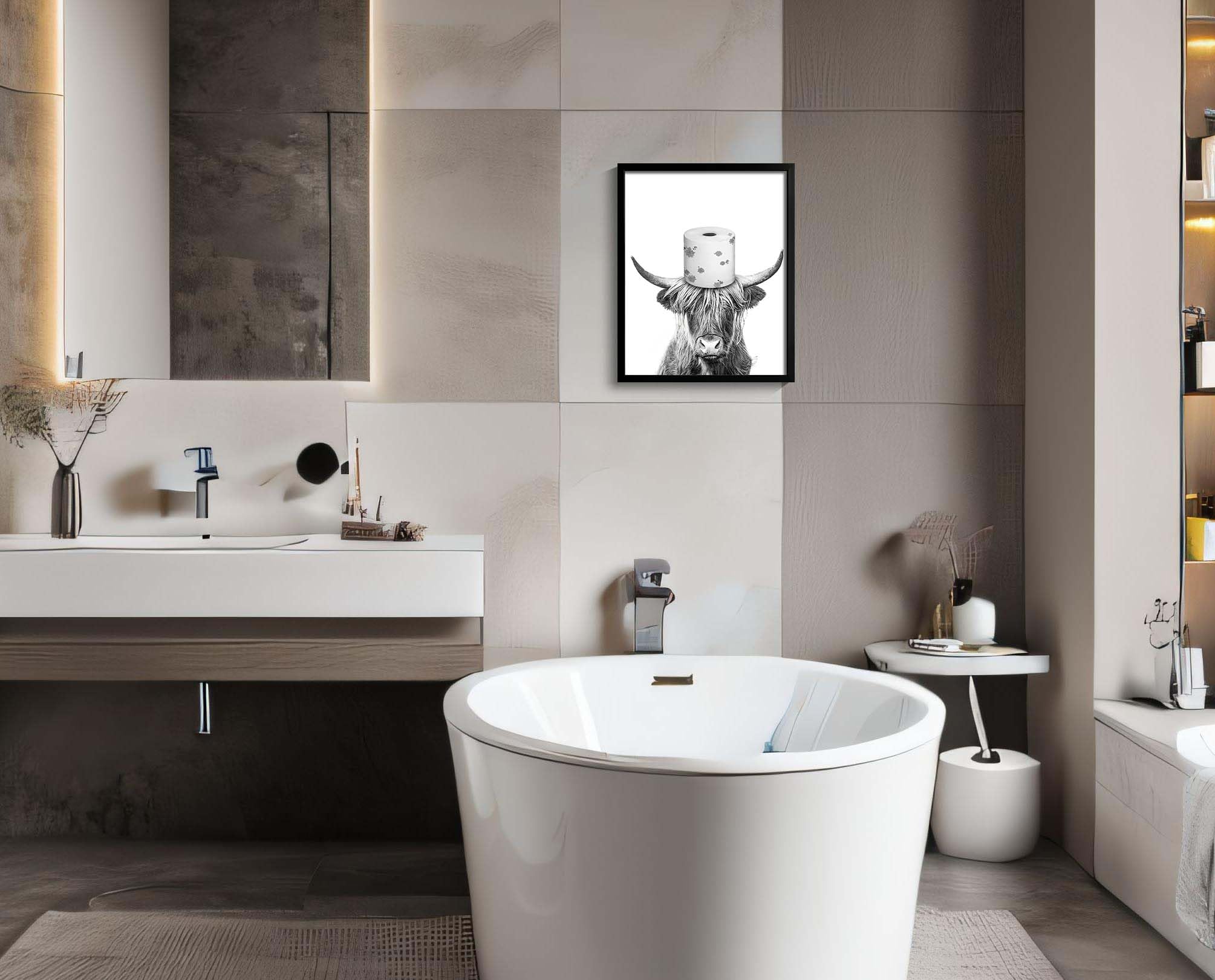 Black And White Highland Cow Wall Art, Framed Funny Bathroom Wall Decor, Cute Highland Cow Canvas Print, Funny Kid'S Room Decor