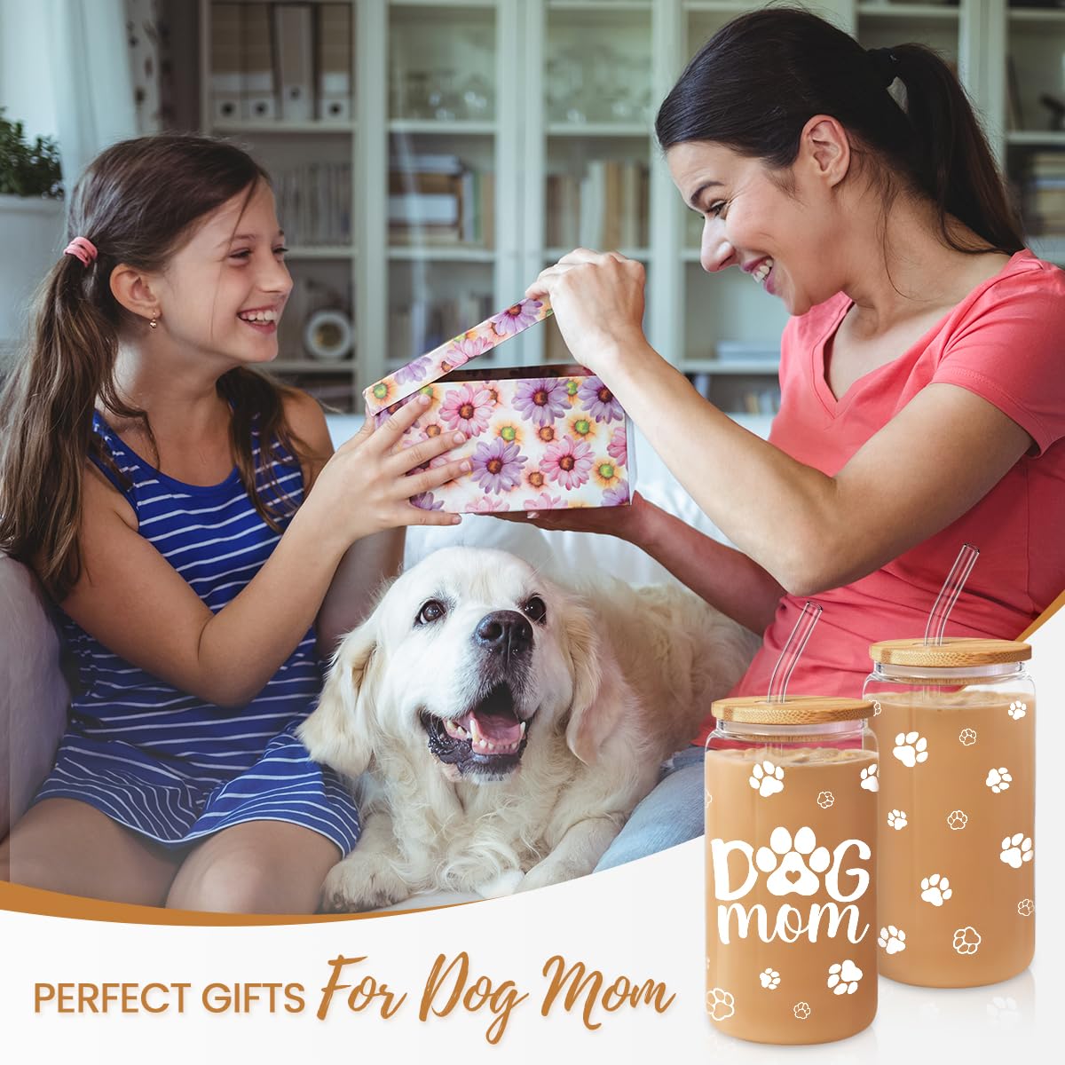 Dog Mom Cup 16 Oz Can Glass Coffee Mug with Bamboo Lid & Straw - Dog Lover Gifts for Women - Dog Mom Gift for Birthday Mothers D