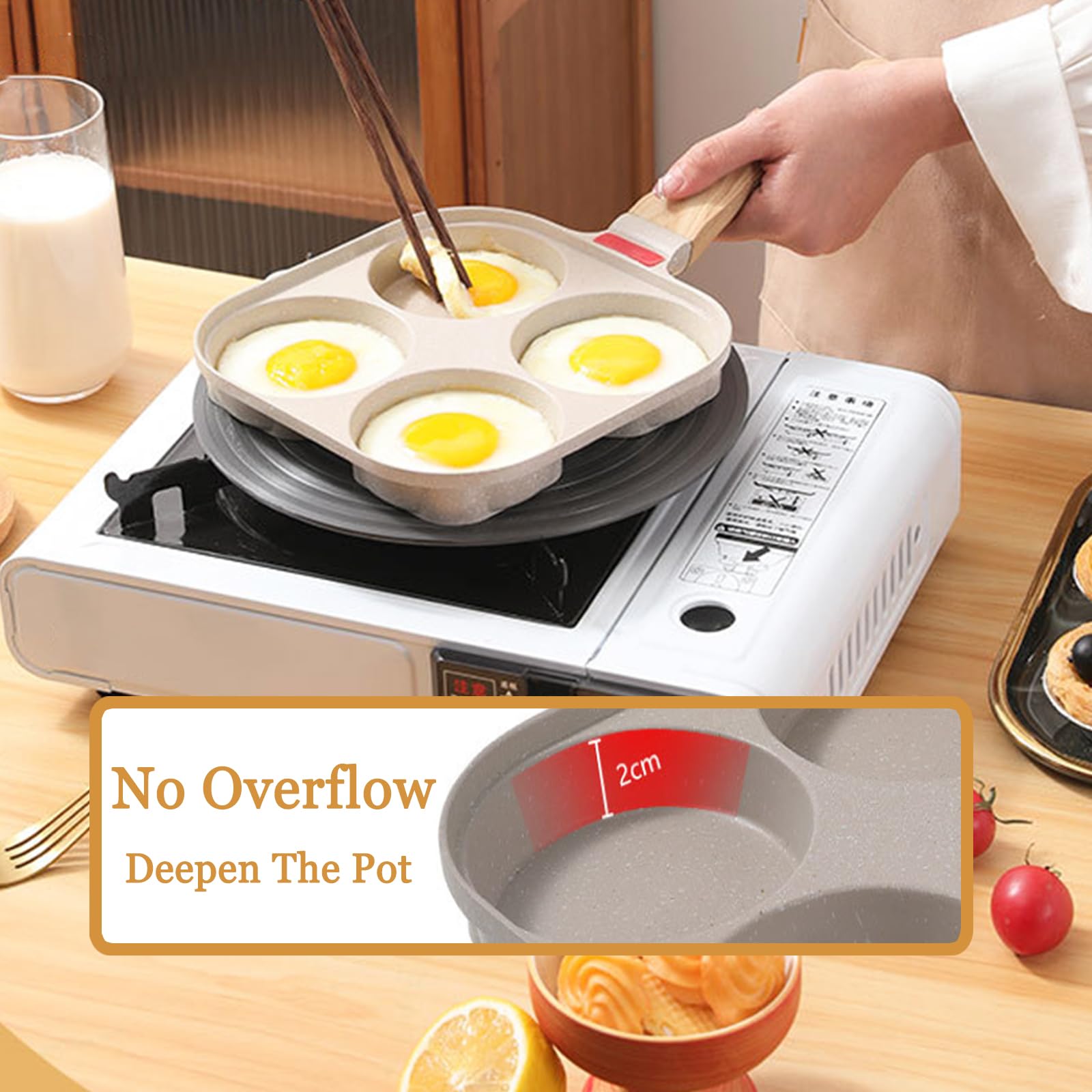 Justup Nonstick Egg Frying Pan, Egg Pan Divided Grill Pan, Heat Resistant Handle 3 Section Skillet, Omelette Pan For Breakfast,