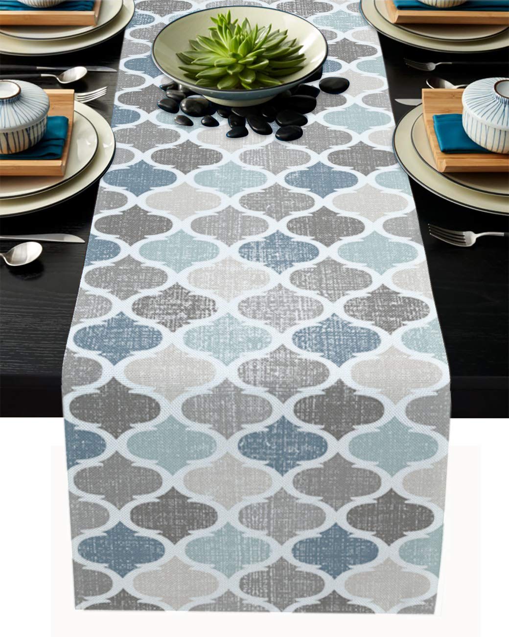 Moroccan Table Runner-Cotton Linen-Long 72 Inche Geometric Quatrefoil Lattice Dresser Scarves,Kitchen Coffee/Dining Farmhouse Ta