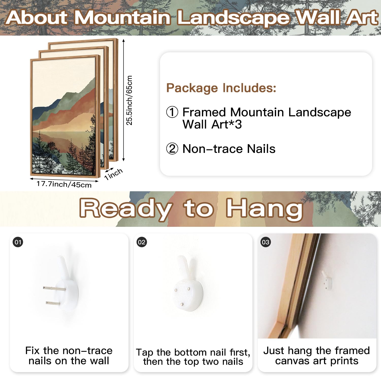 Chditb Mountain Sun Forest Framed Art Prints(Set Of 3, 16   X24   ), Boho Watercolor Nature Landscape Canvas Artwork Painting, A