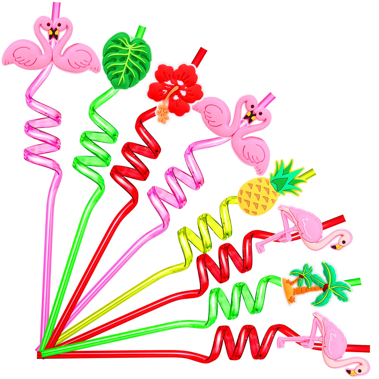 24 Pcs Hawaiian Reusable Plastic Straws With 2 Cleaning Brush Luau Theme Straws Flamingo Drinking Straws Aloha Party Favors For
