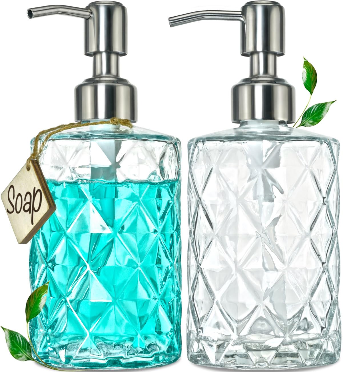 Jasai 2Pack Diamond Embossed Glass Soap Dispenser With 304 Rustproof Stainless Steel Pump, 12 Oz Bathroom Soap Dispenser With A