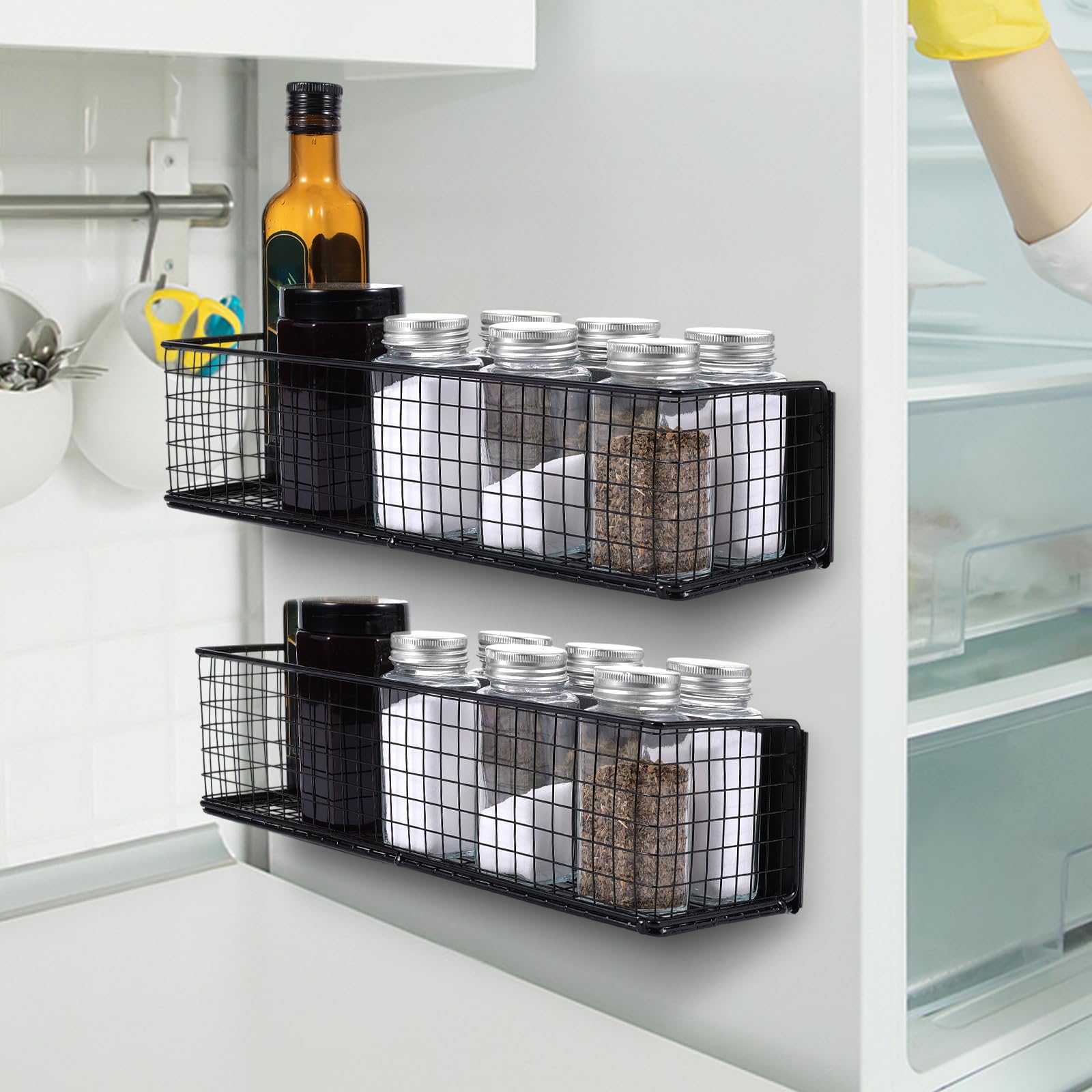 2 Pack Magnetic Basket for Fridge, Magnetic Spice Rack for Side of Refrigerator, Magnet Wire Bin Basket Fridge Shelf Organizer K